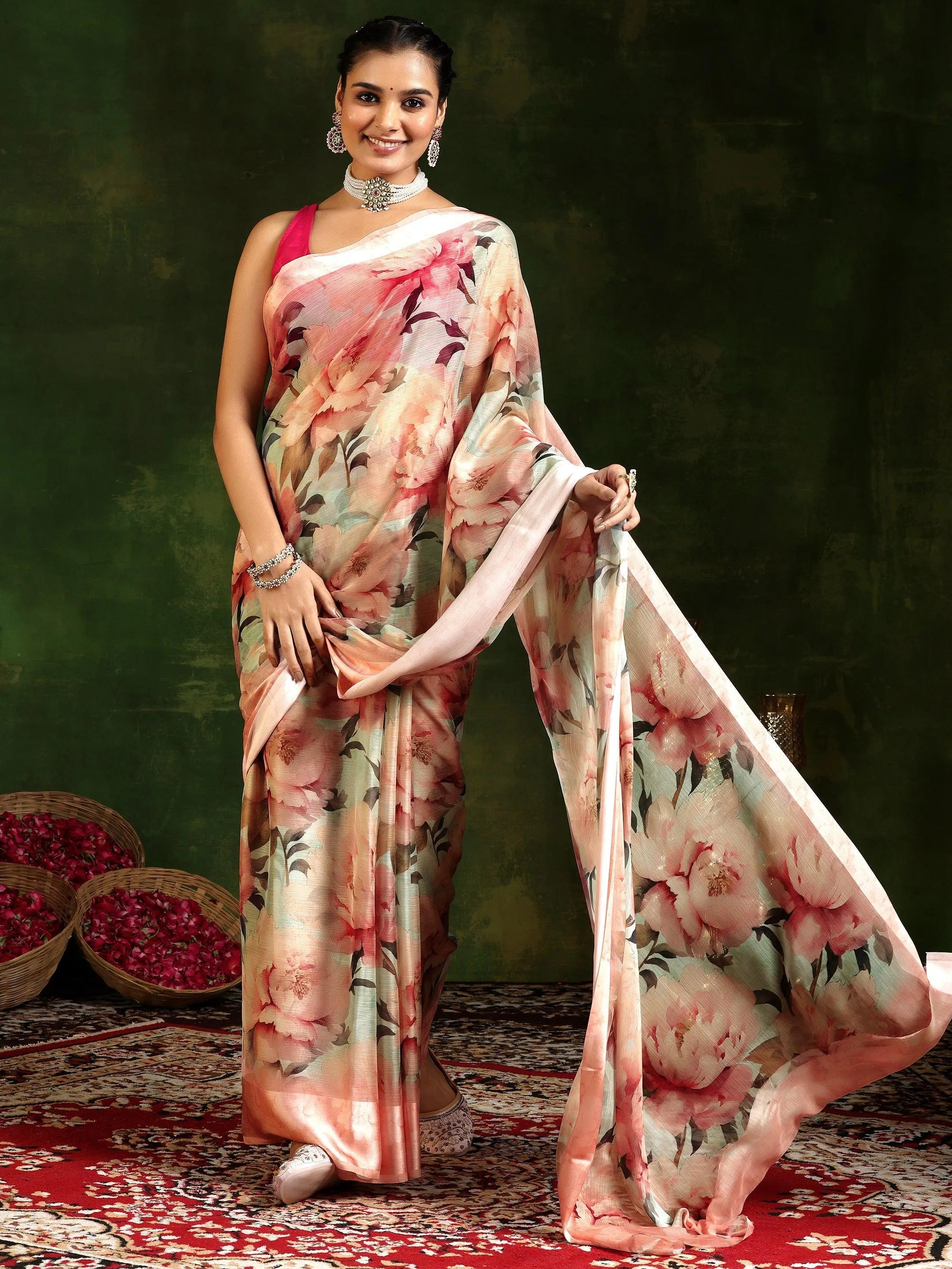 Peach Printed Poly Chiffon Saree With Unstitched Blouse Piece