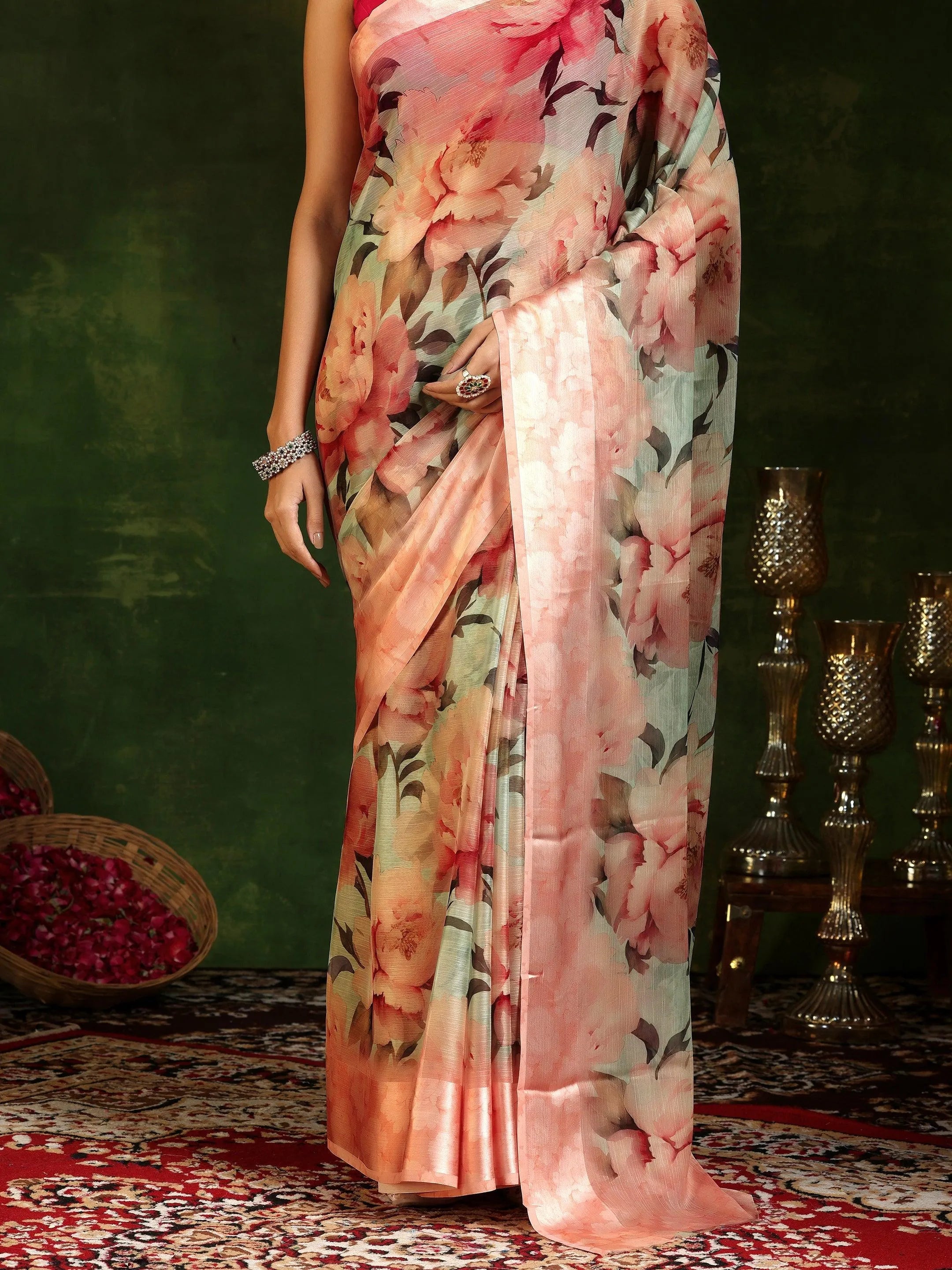 Peach Printed Poly Chiffon Saree With Unstitched Blouse Piece