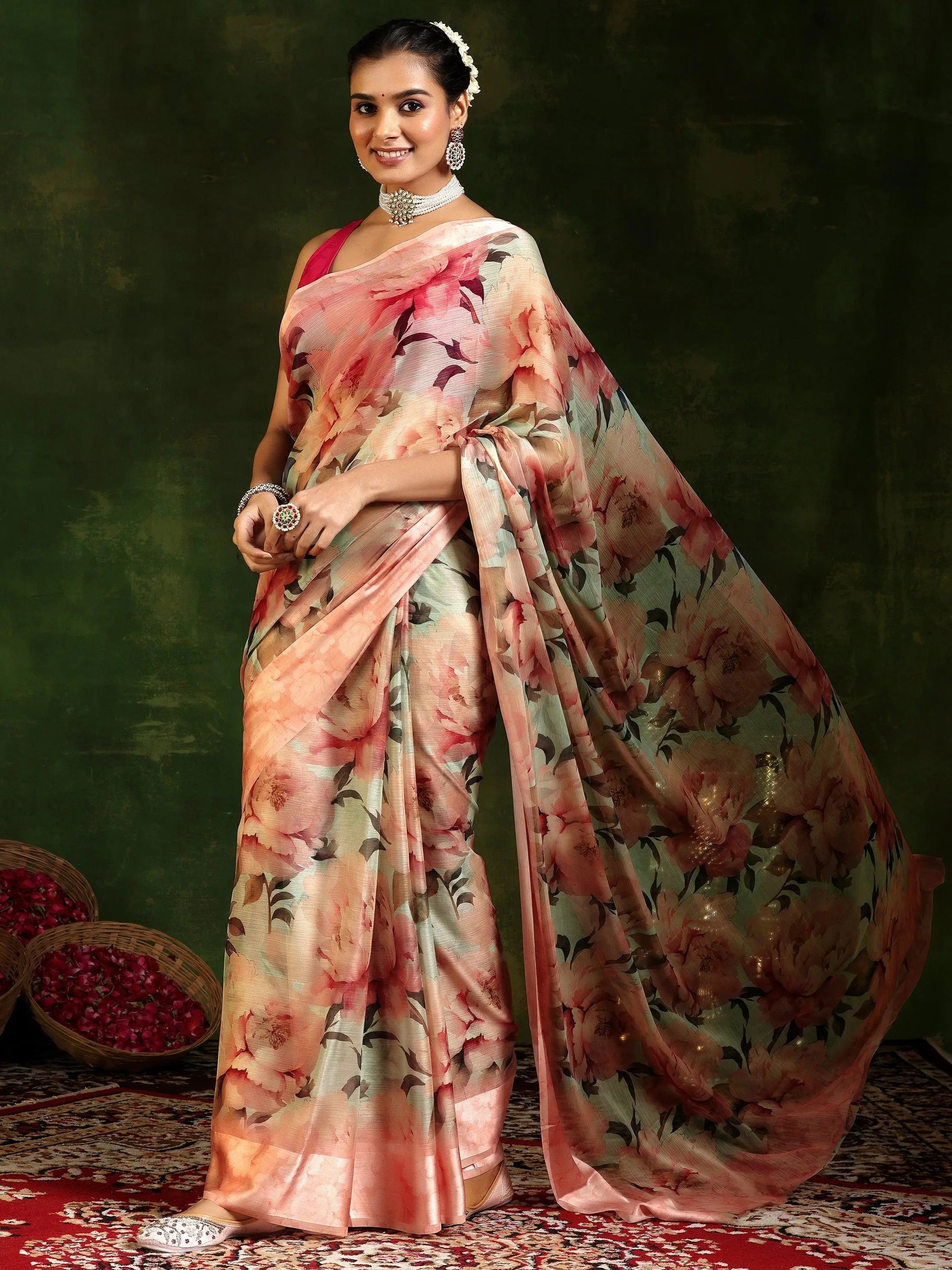 Peach Printed Poly Chiffon Saree With Unstitched Blouse Piece