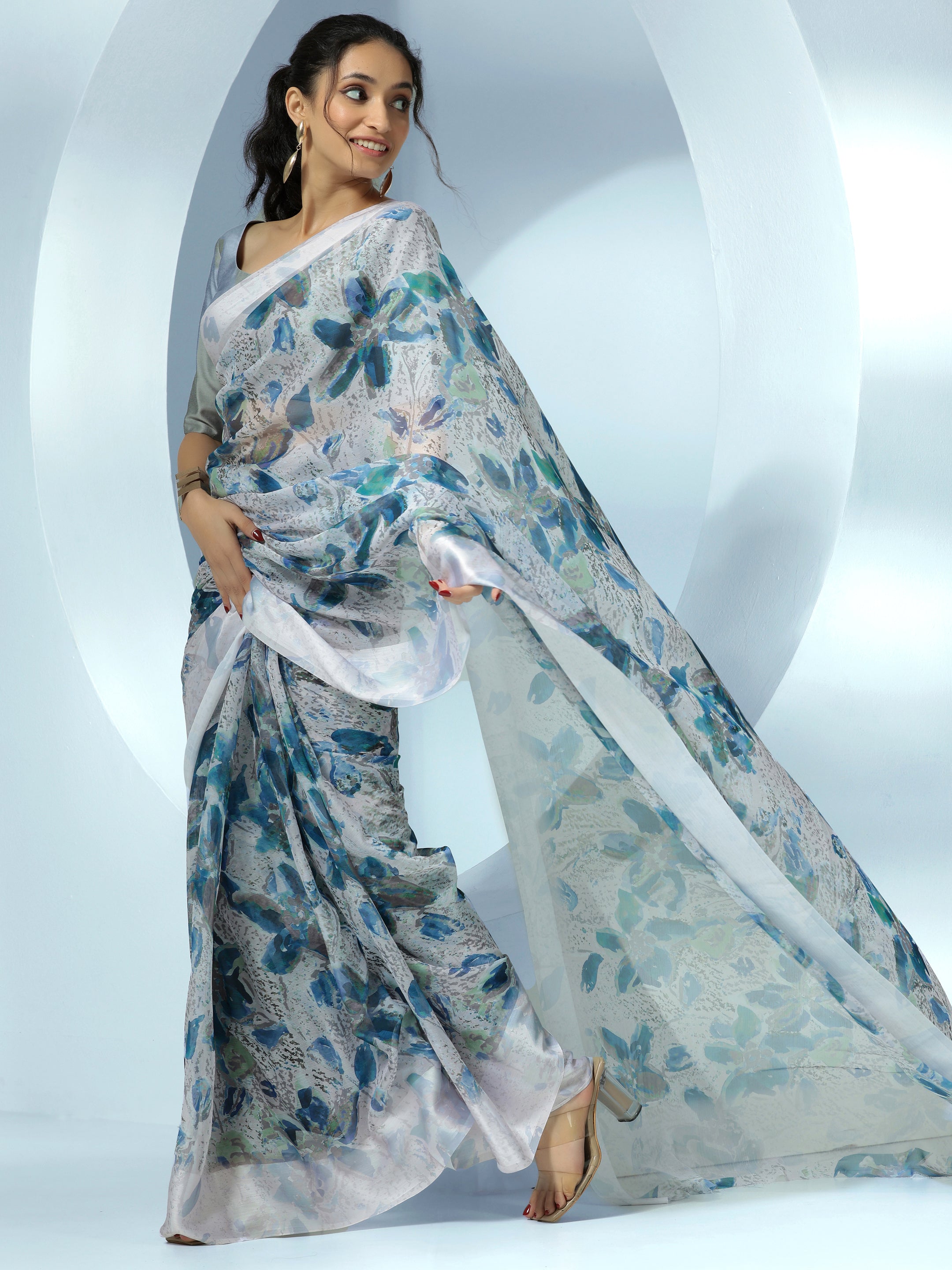 Off White Printed Poly Chiffon Saree With Unstitched Blouse Piece