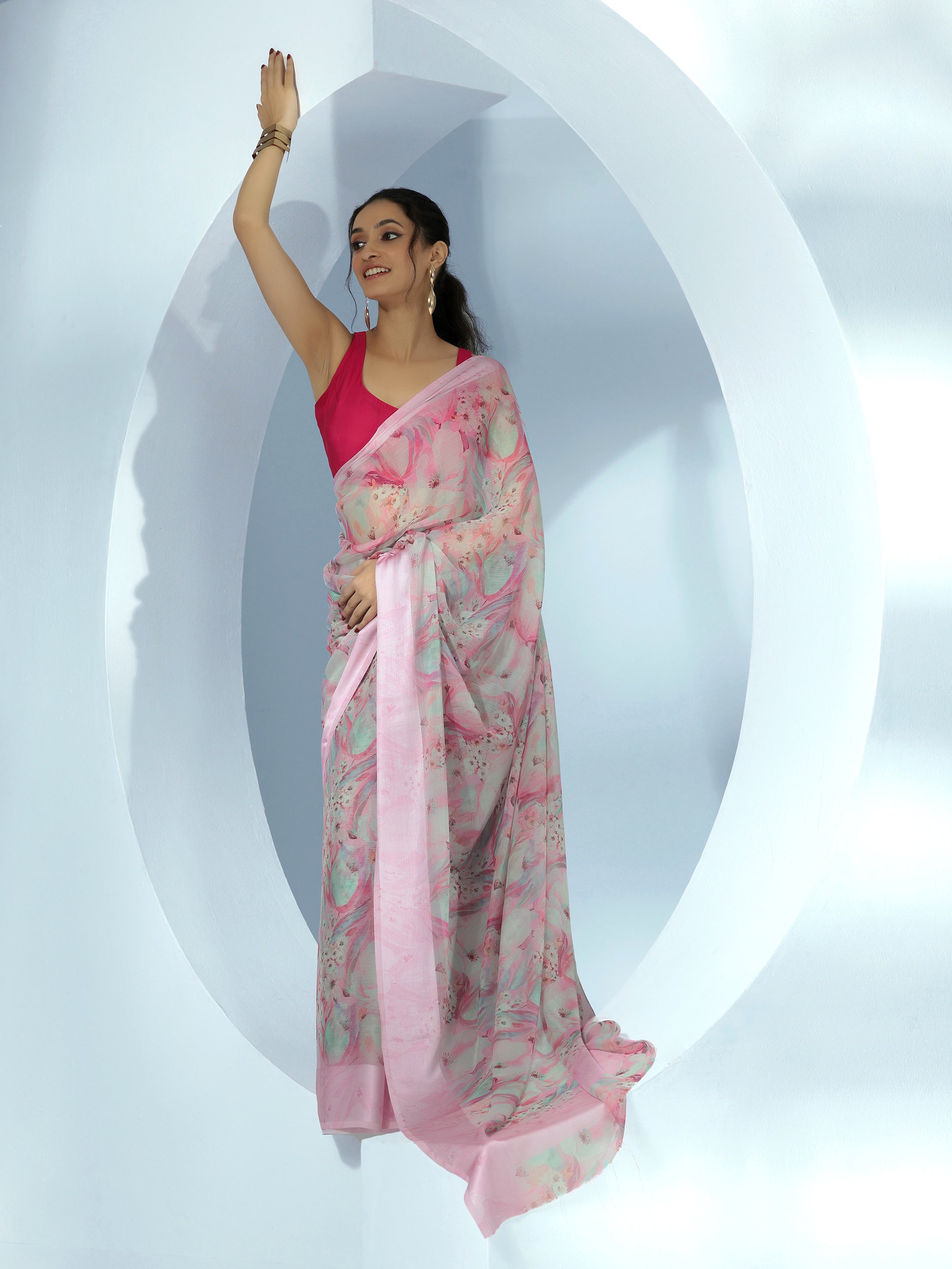 Pink Printed Poly Chiffon Saree With Unstitched Blouse Piece