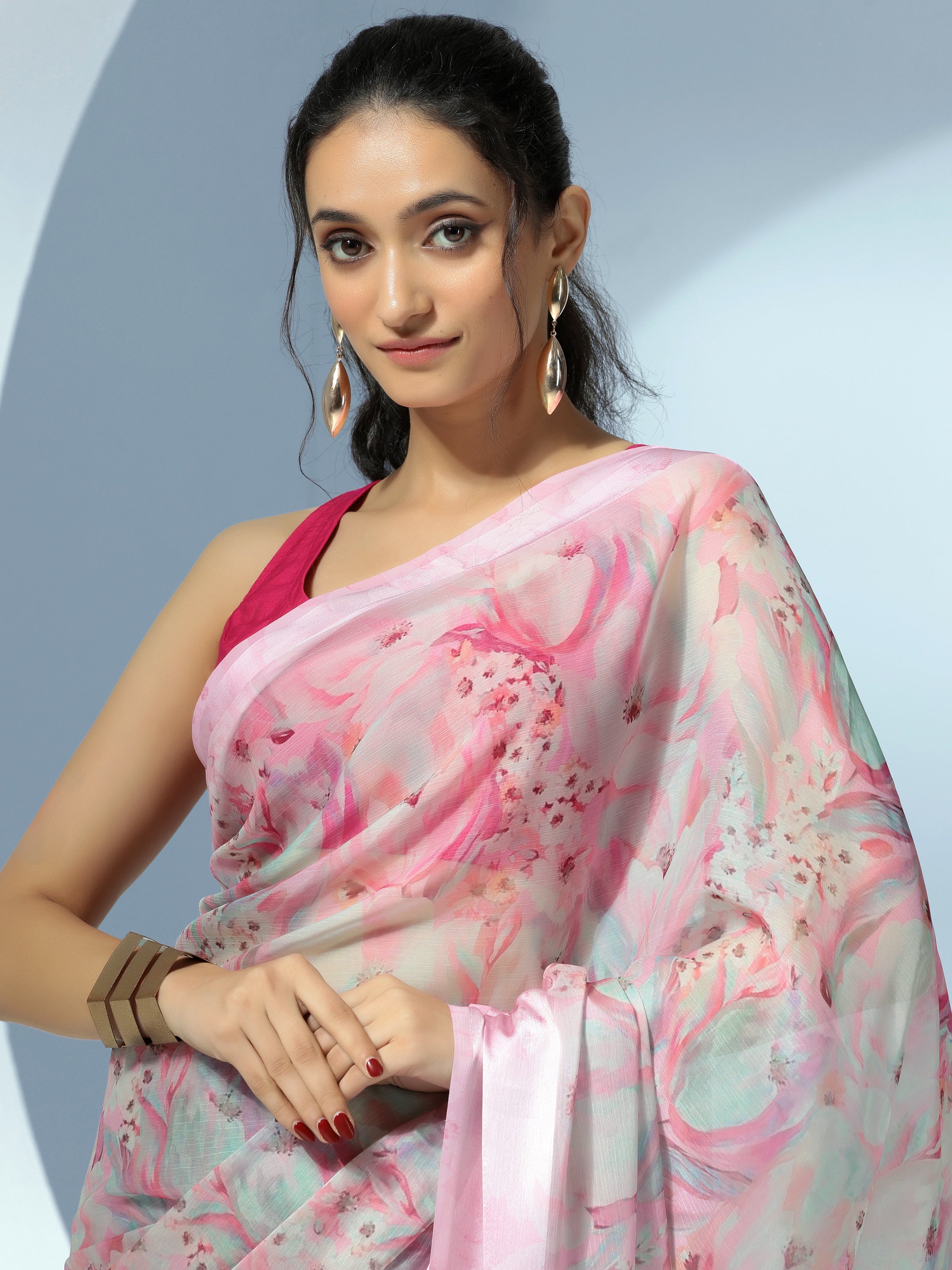 Pink Printed Poly Chiffon Saree With Unstitched Blouse Piece