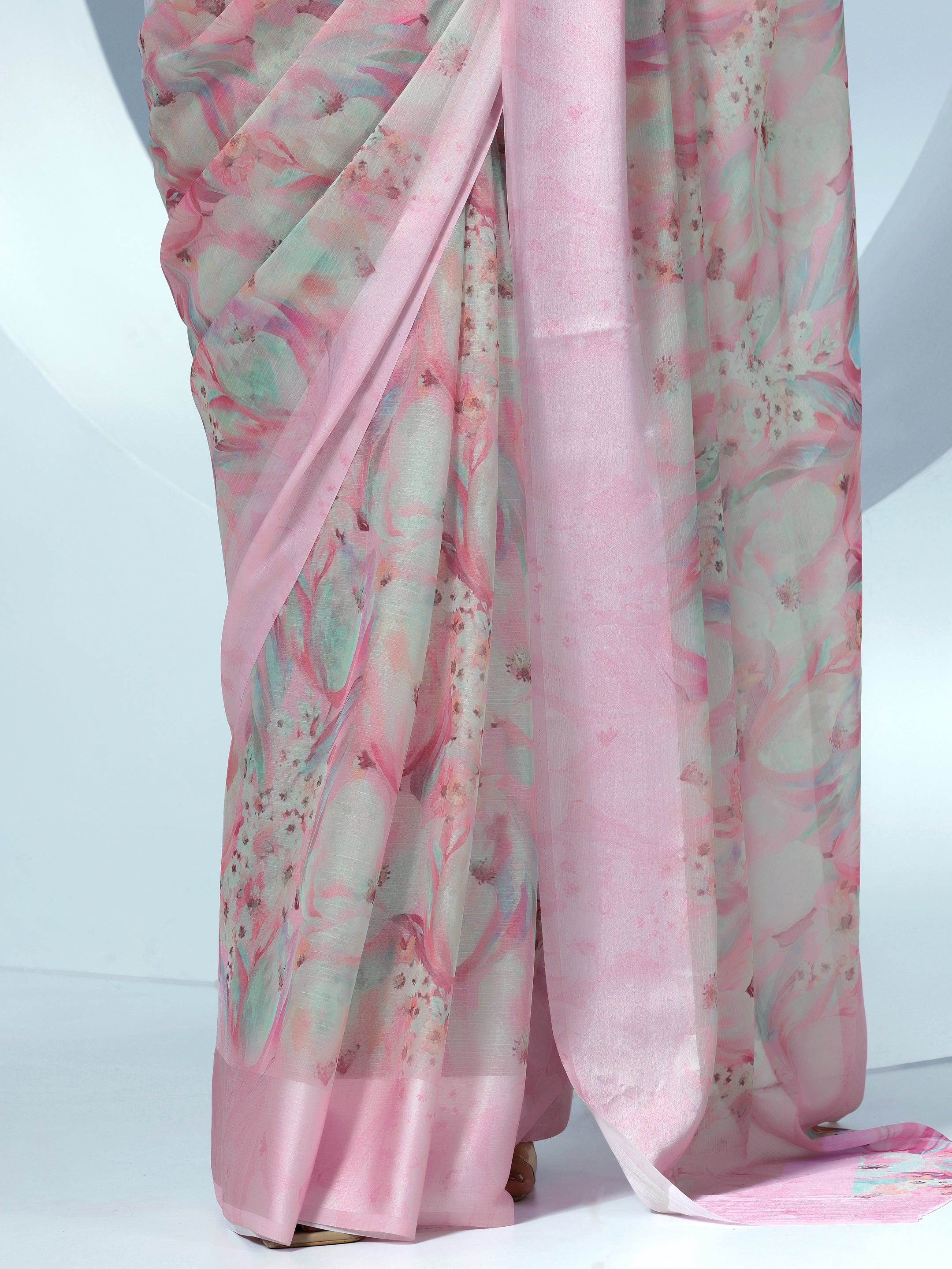 Pink Printed Poly Chiffon Saree With Unstitched Blouse Piece