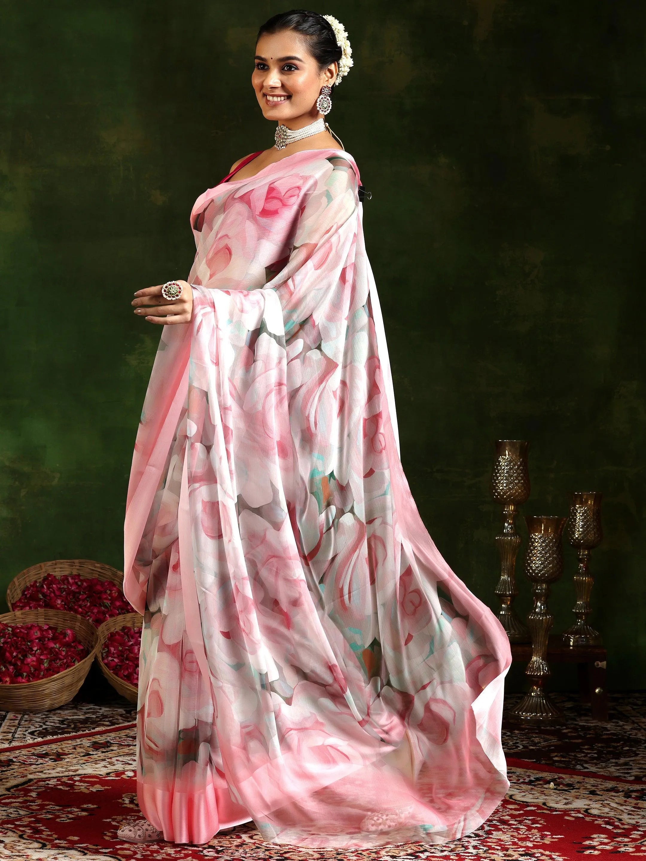 Pink Printed Poly Chiffon Saree With Unstitched Blouse Piece