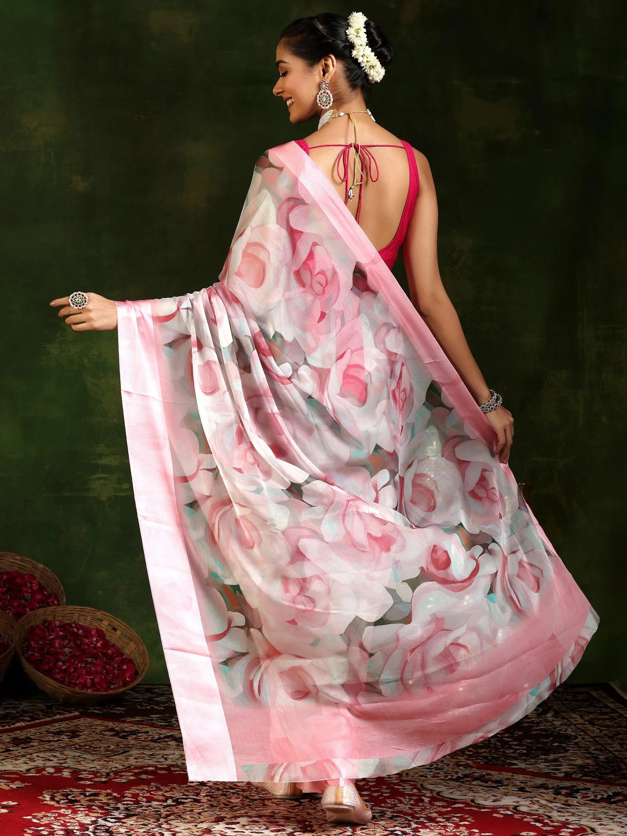 Pink Printed Poly Chiffon Saree With Unstitched Blouse Piece