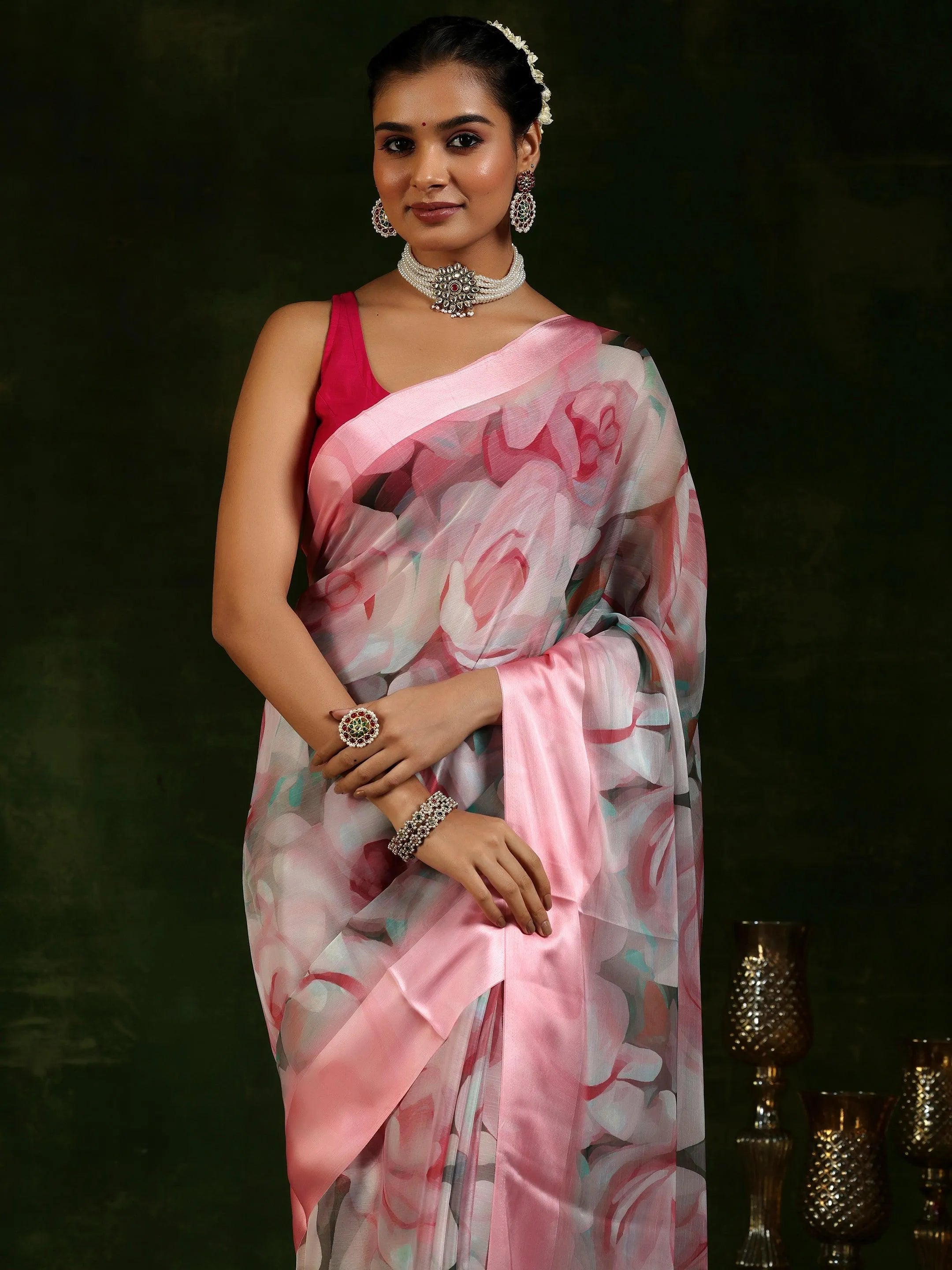 Pink Printed Poly Chiffon Saree With Unstitched Blouse Piece