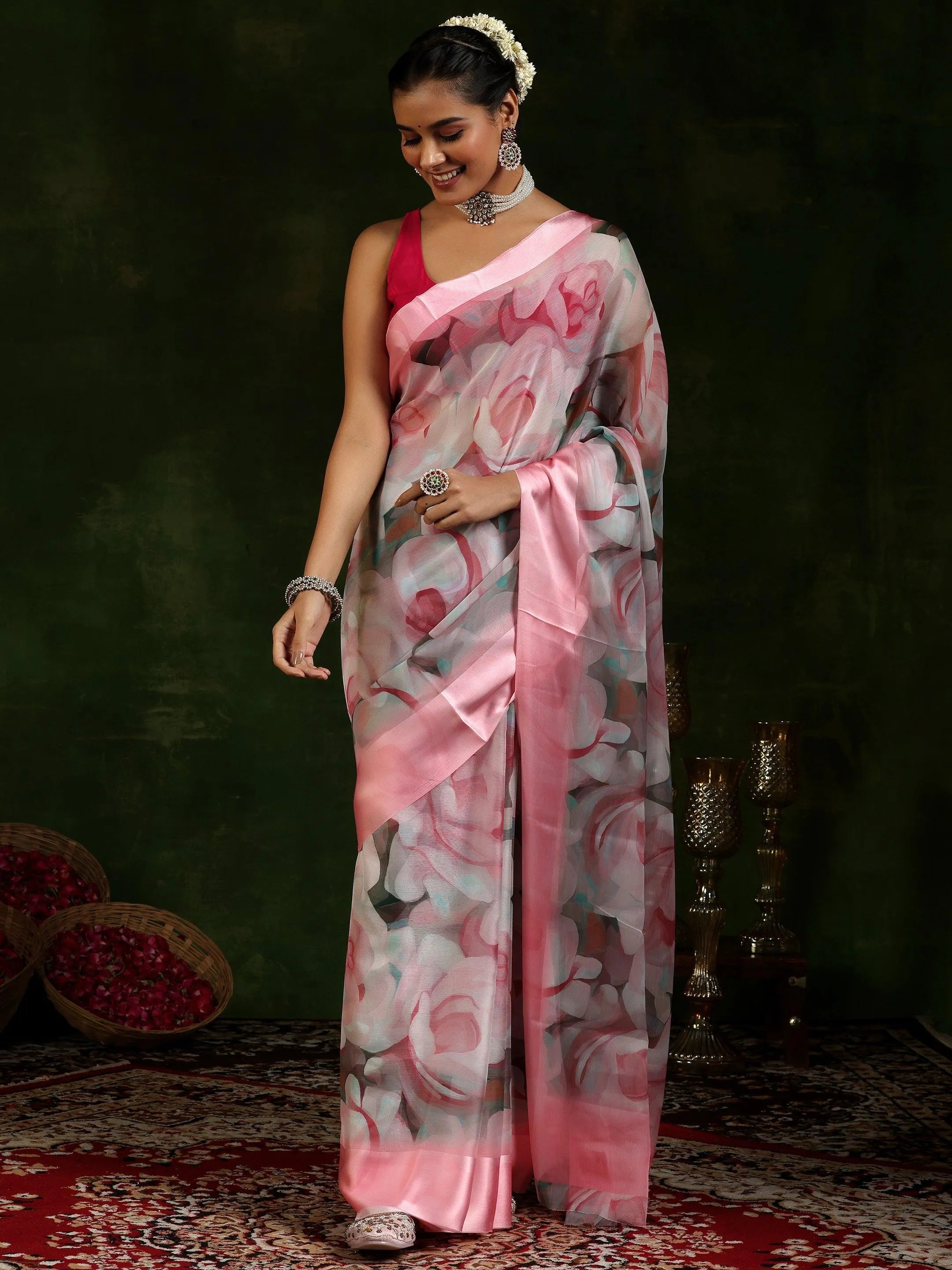 Pink Printed Poly Chiffon Saree With Unstitched Blouse Piece