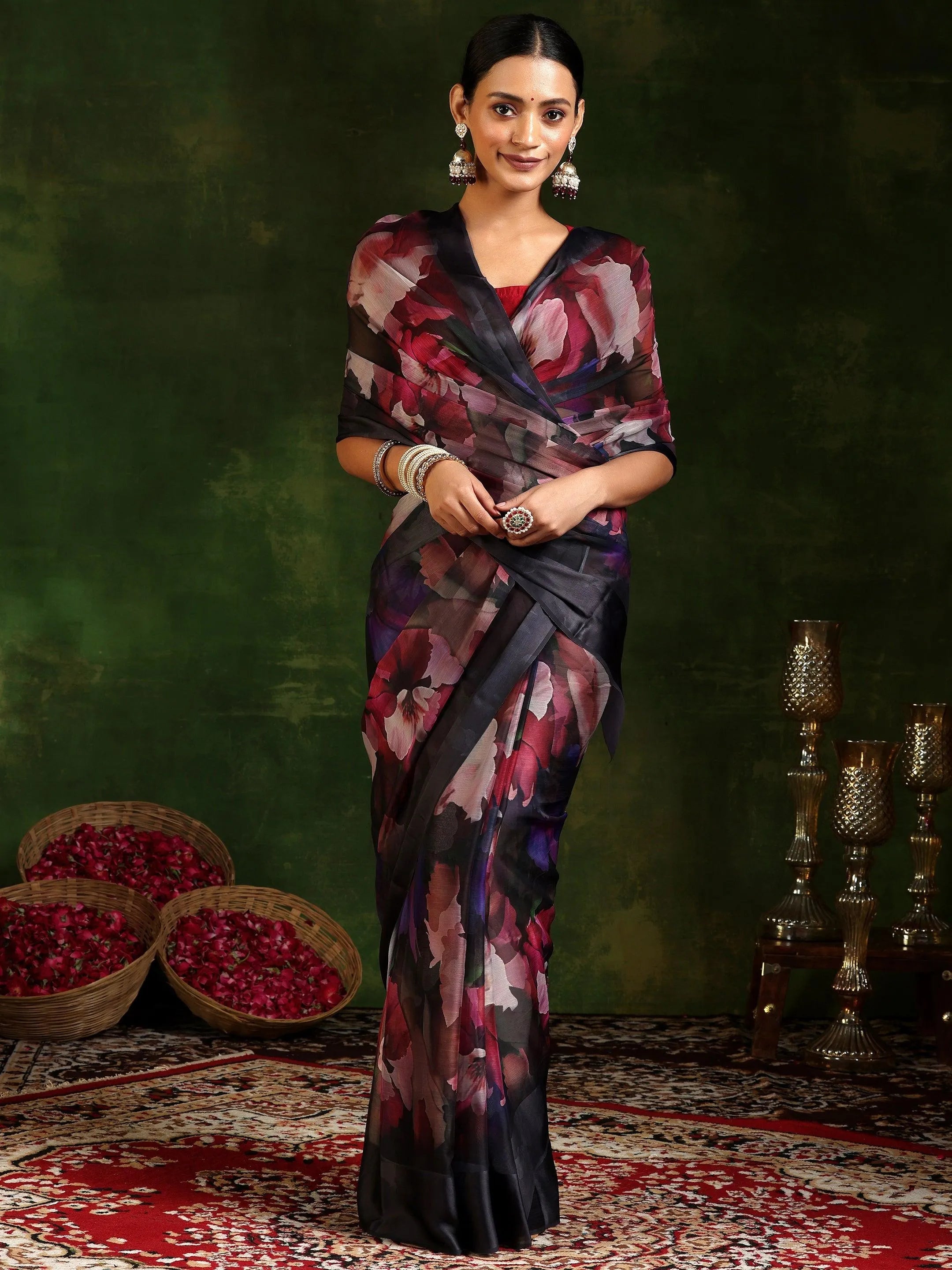 Black Printed Poly Chiffon Saree With Unstitched Blouse Piece