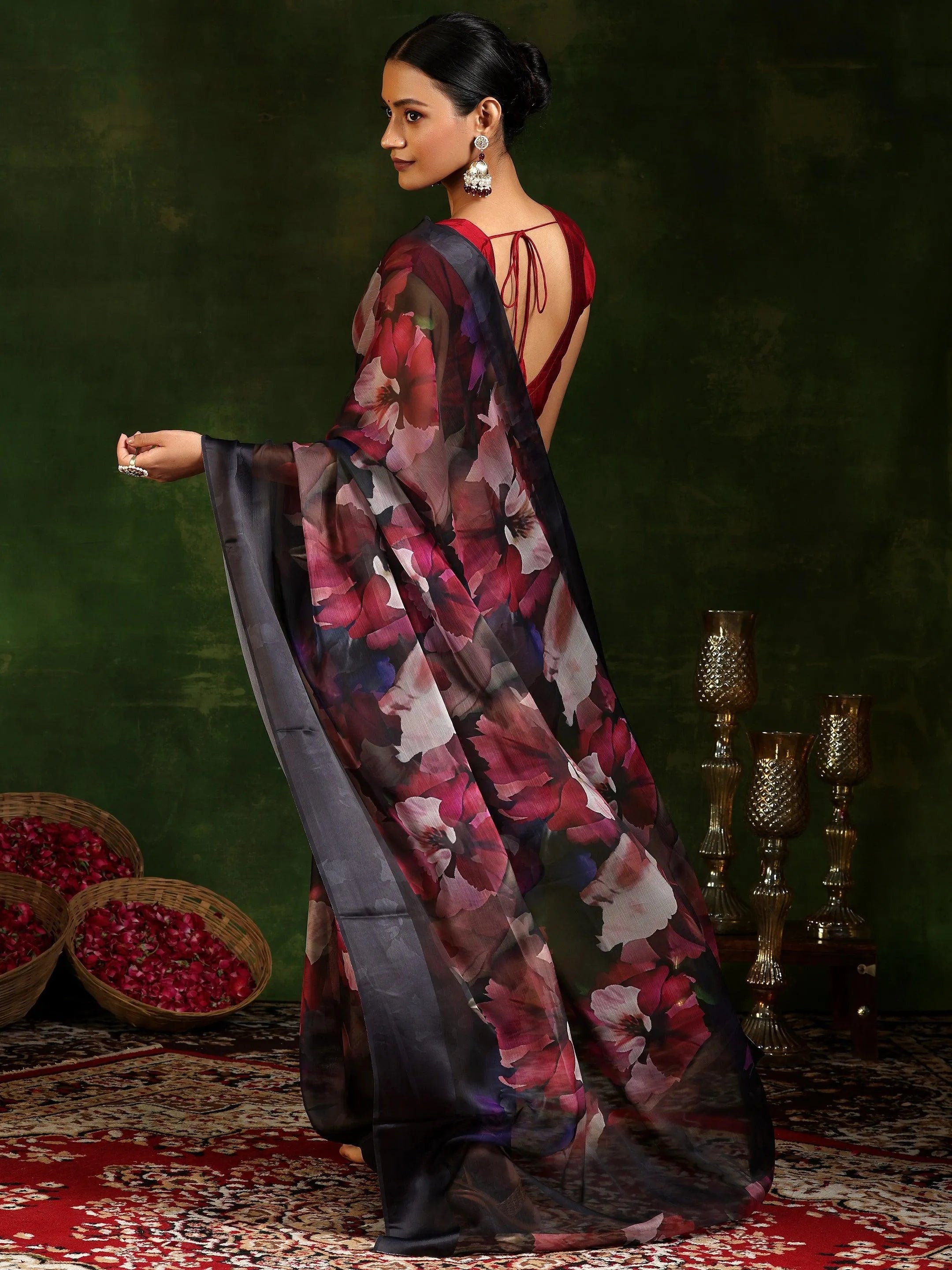 Black Printed Poly Chiffon Saree With Unstitched Blouse Piece