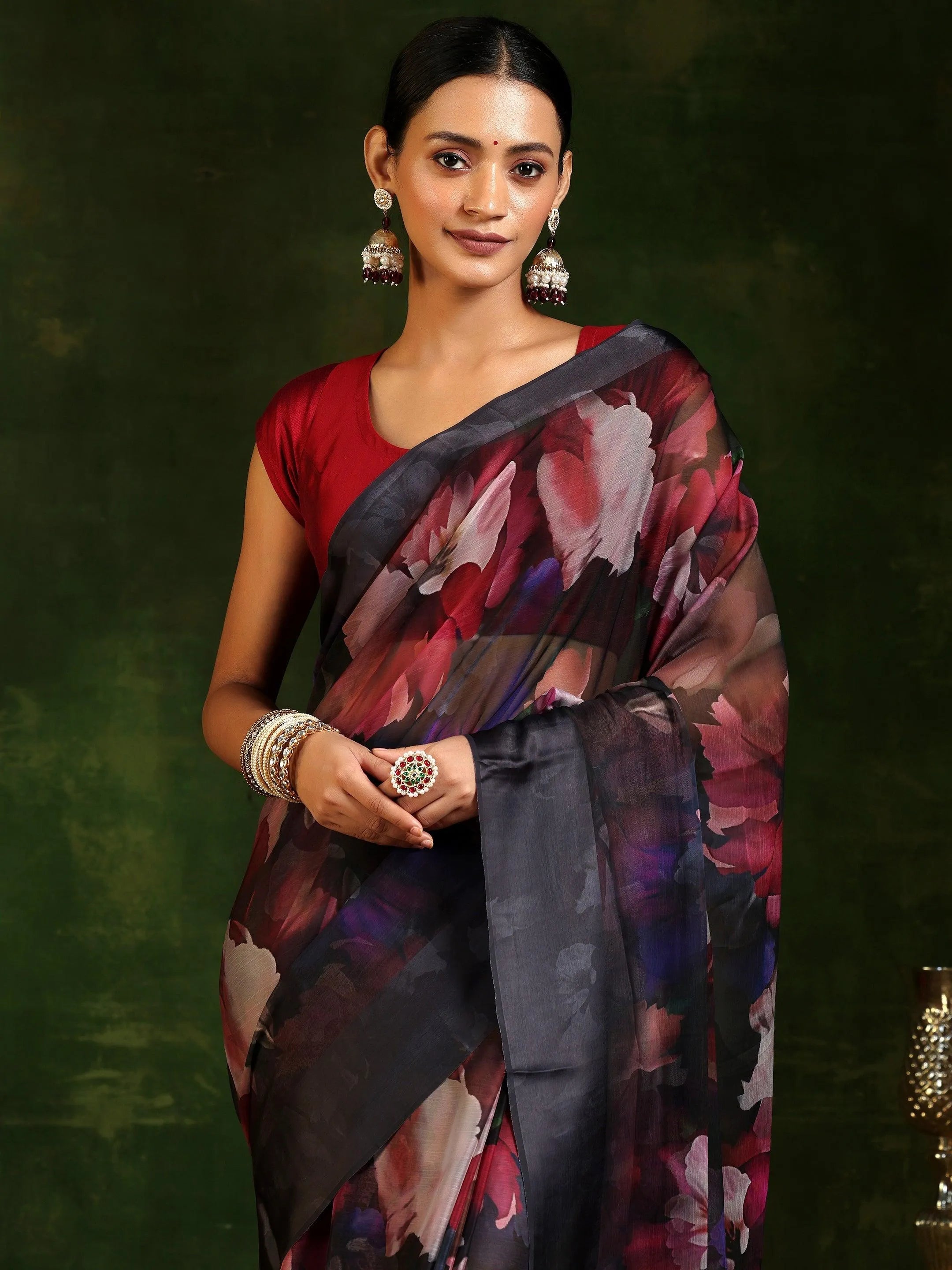 Black Printed Poly Chiffon Saree With Unstitched Blouse Piece