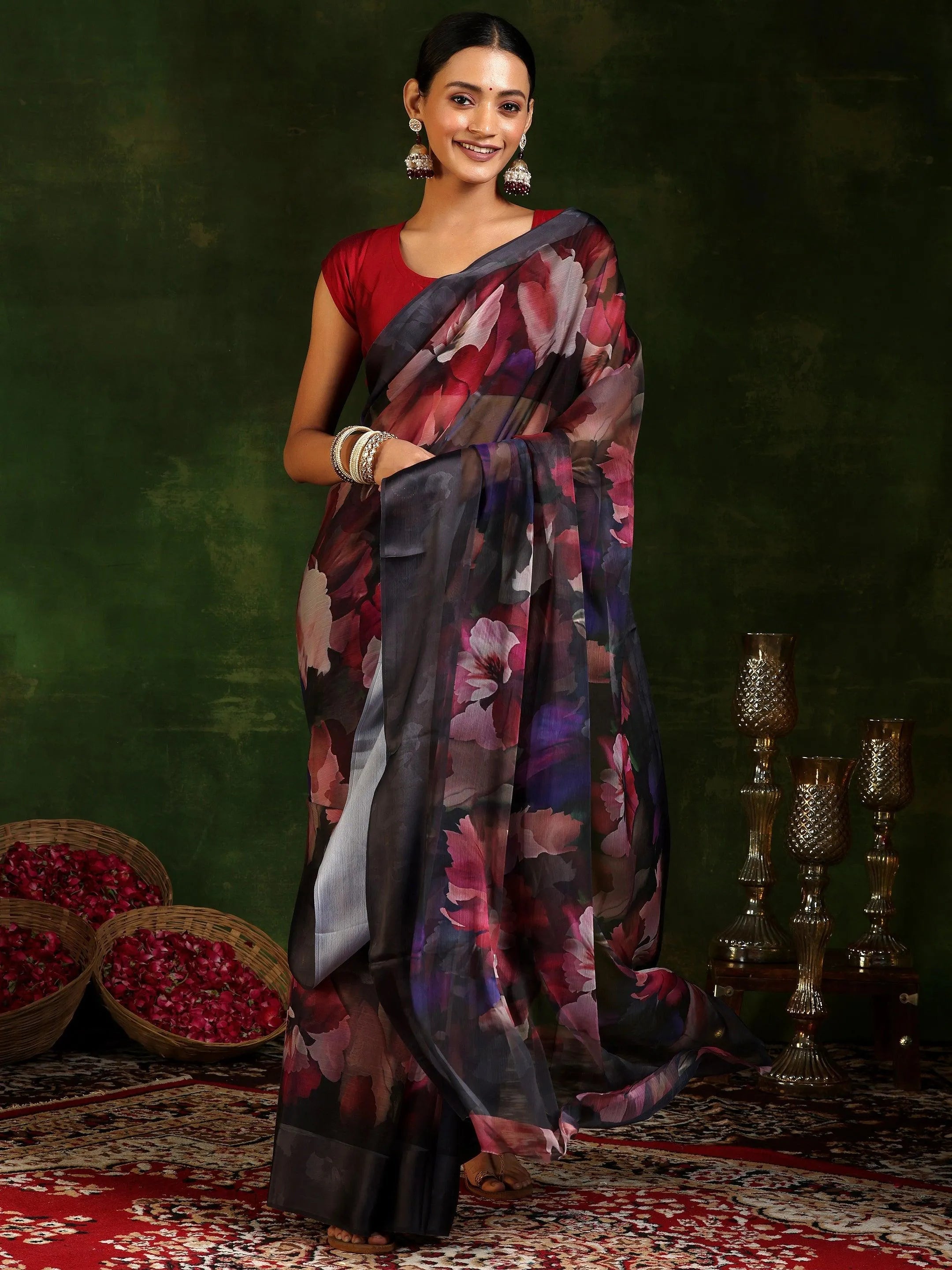 Black Printed Poly Chiffon Saree With Unstitched Blouse Piece