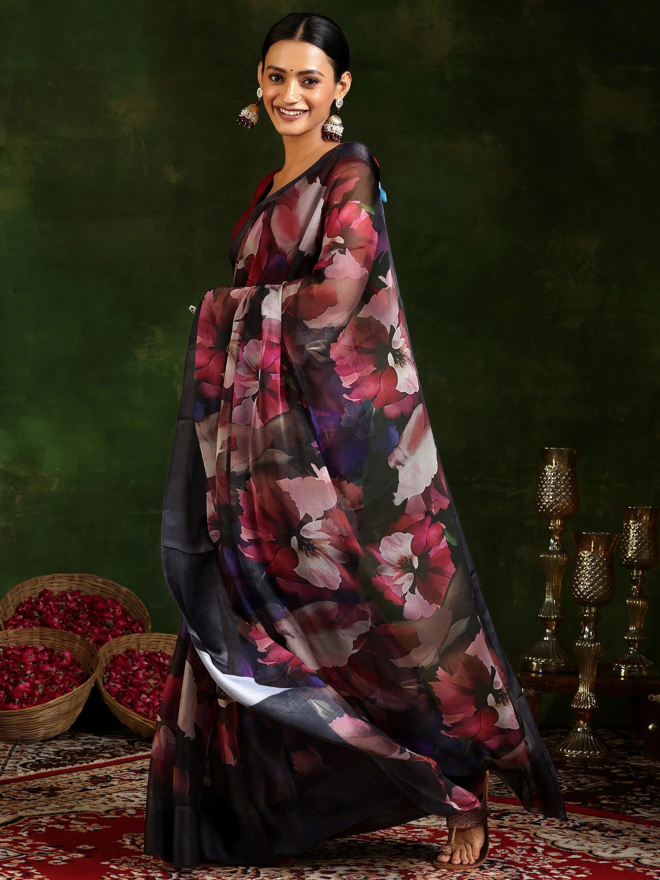 Black Printed Poly Chiffon Saree With Unstitched Blouse Piece