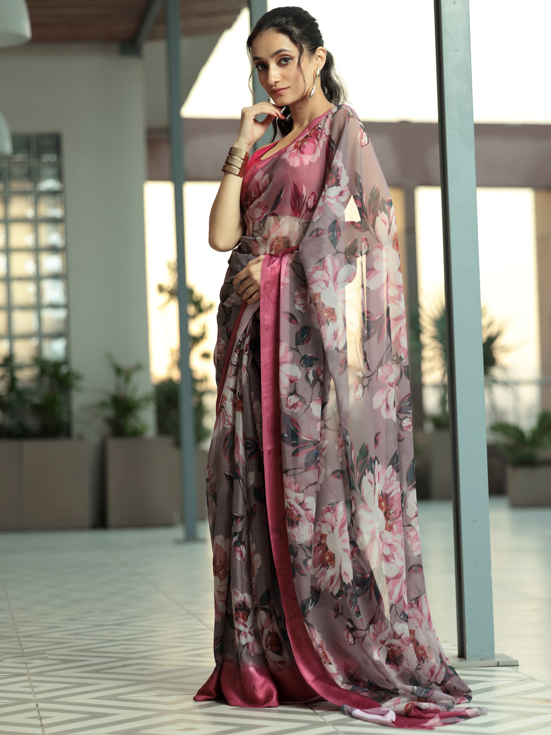 Mauve Printed Poly Chiffon Saree With Unstitched Blouse Piece