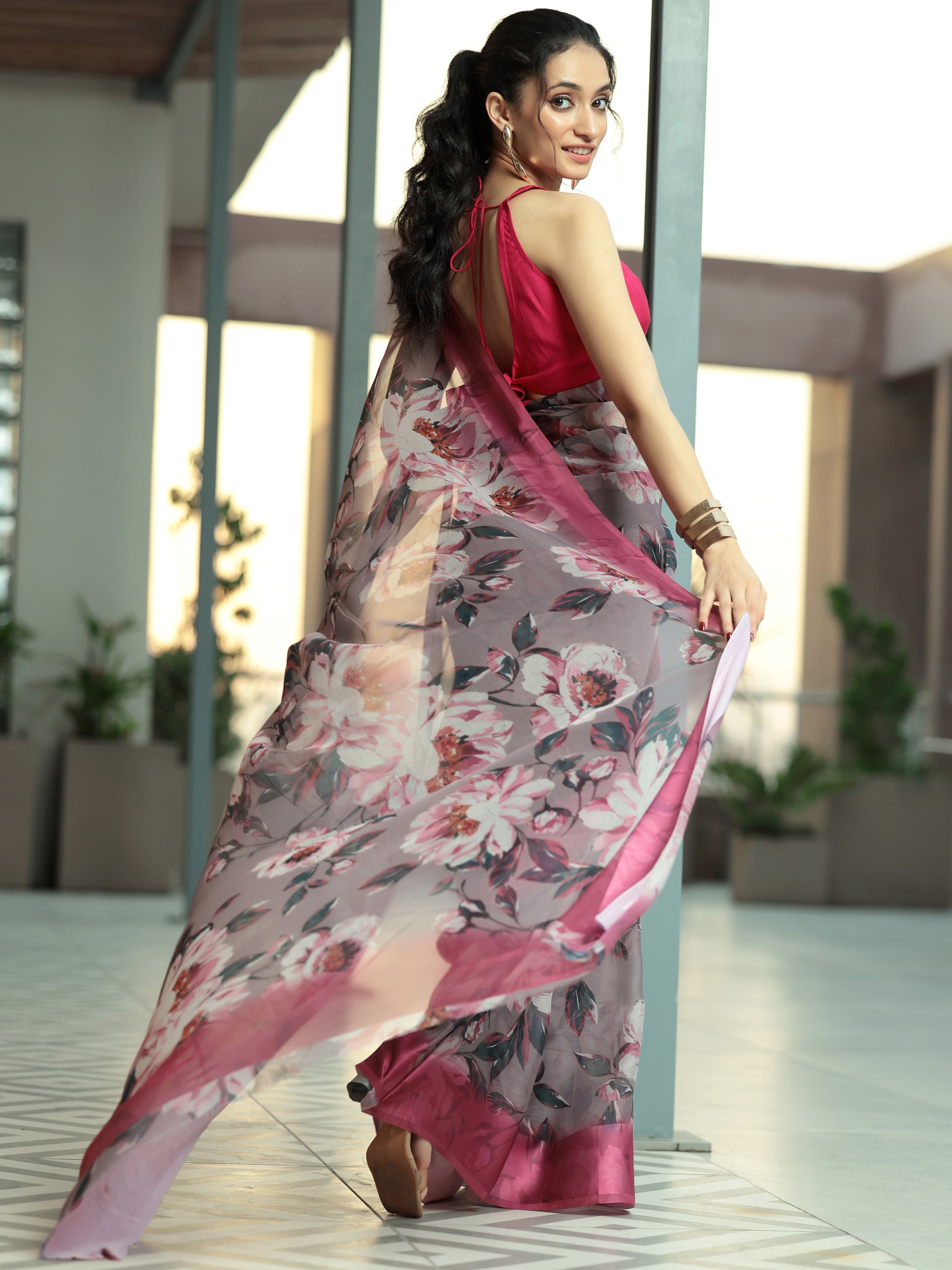 Mauve Printed Poly Chiffon Saree With Unstitched Blouse Piece