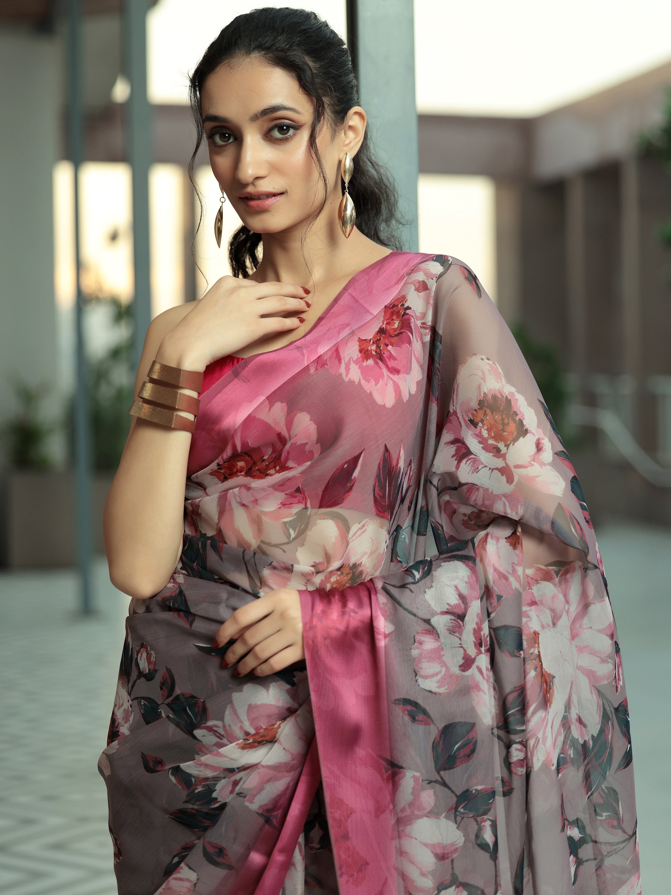 Mauve Printed Poly Chiffon Saree With Unstitched Blouse Piece