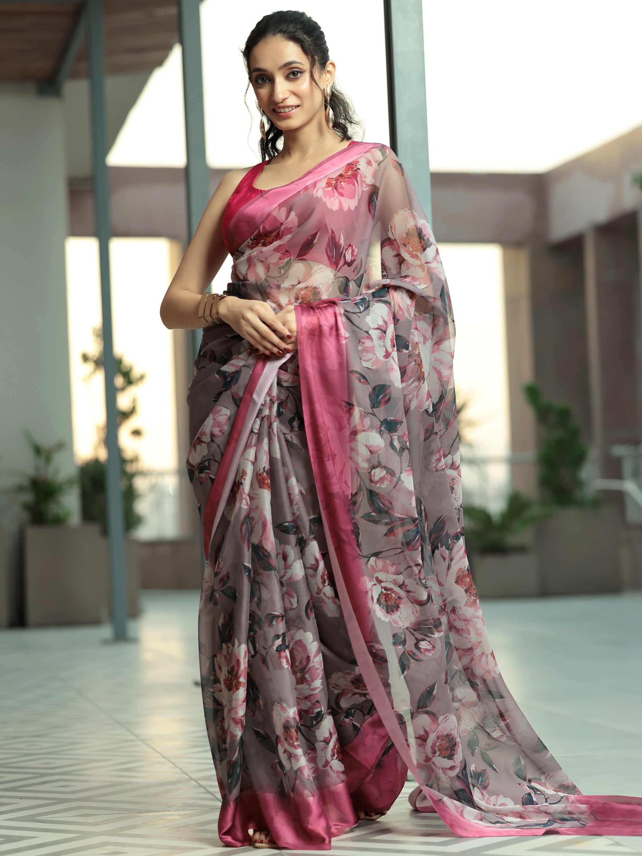 Mauve Printed Poly Chiffon Saree With Unstitched Blouse Piece