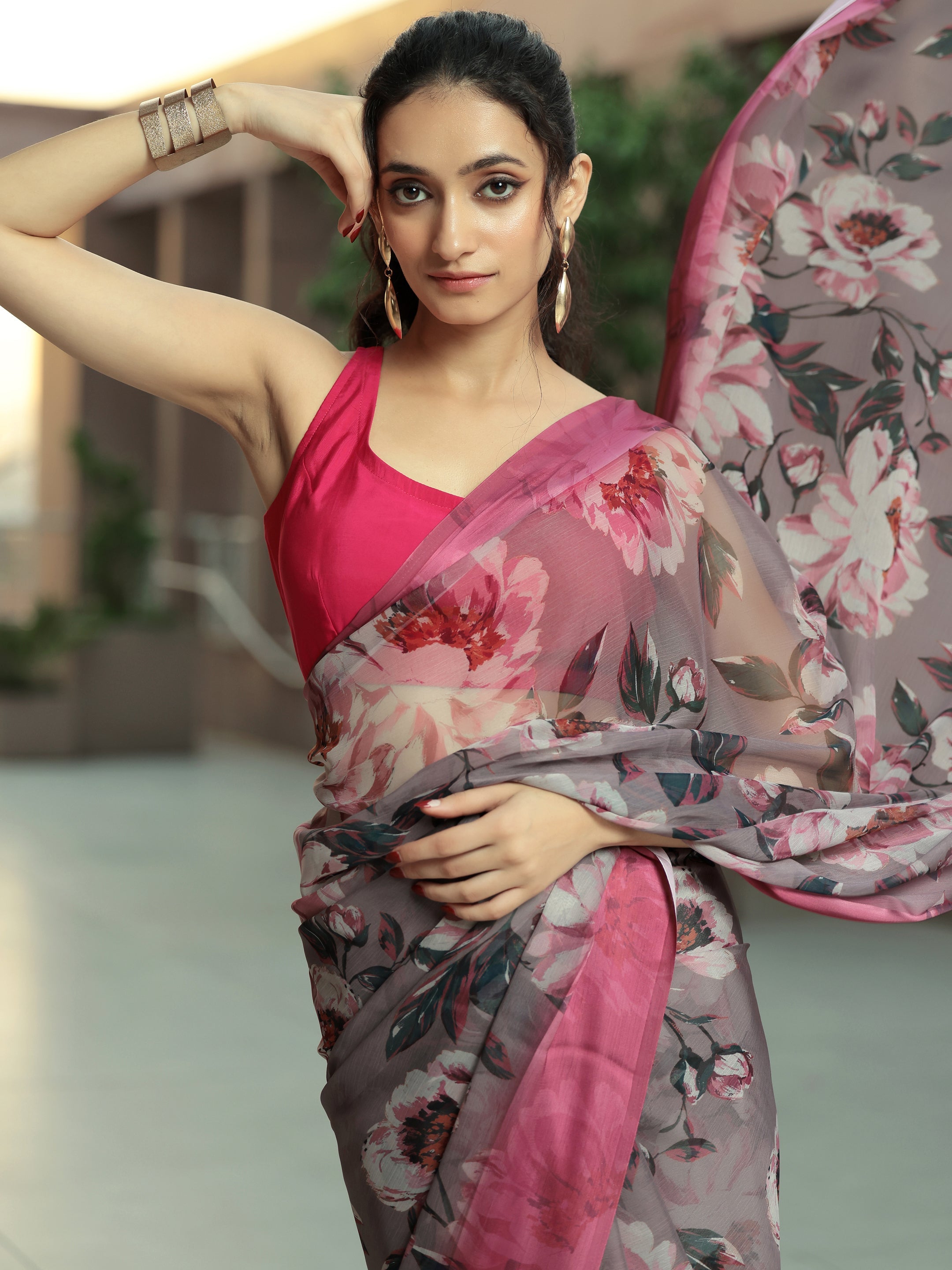 Mauve Printed Poly Chiffon Saree With Unstitched Blouse Piece