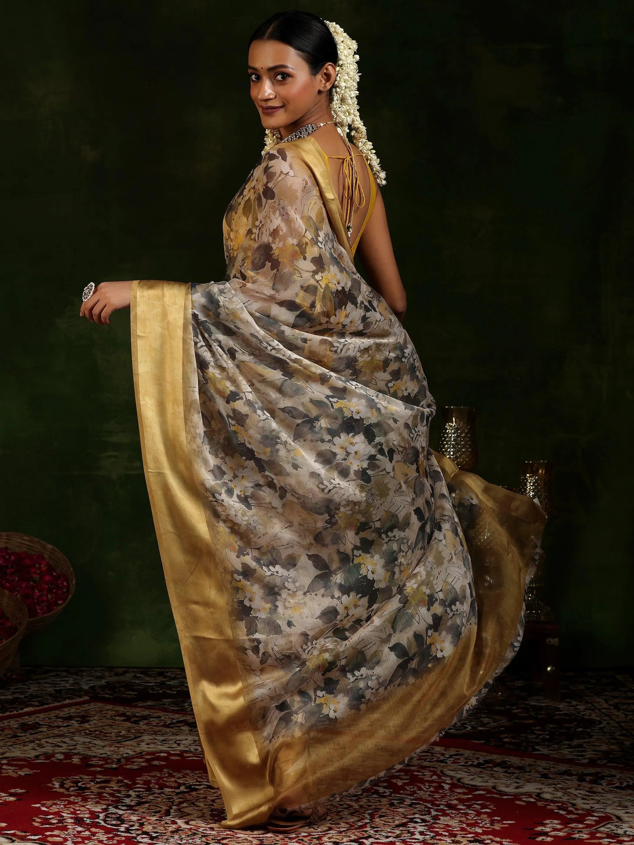 Beige Printed Poly Chiffon Saree With Unstitched Blouse Piece