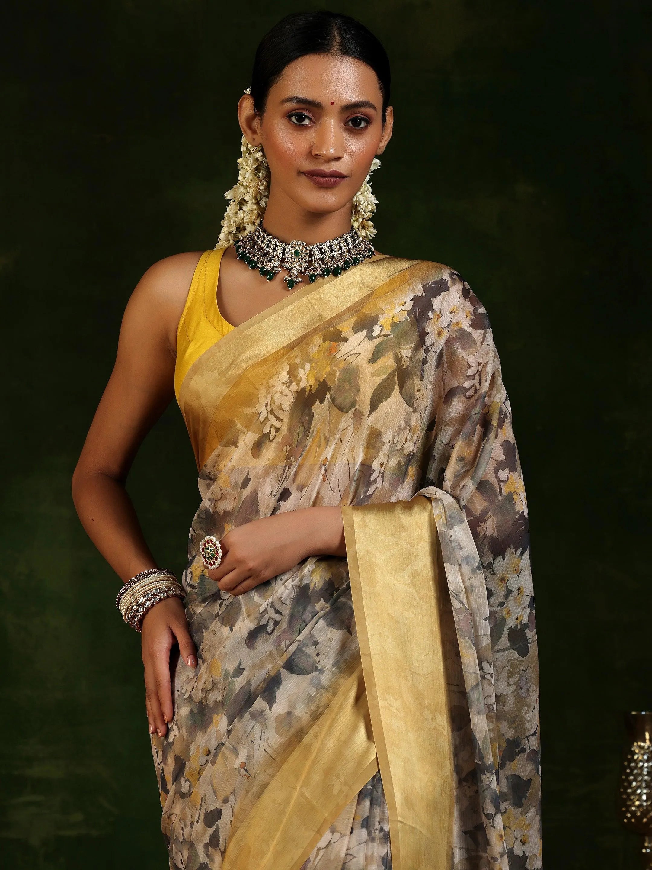 Beige Printed Poly Chiffon Saree With Unstitched Blouse Piece