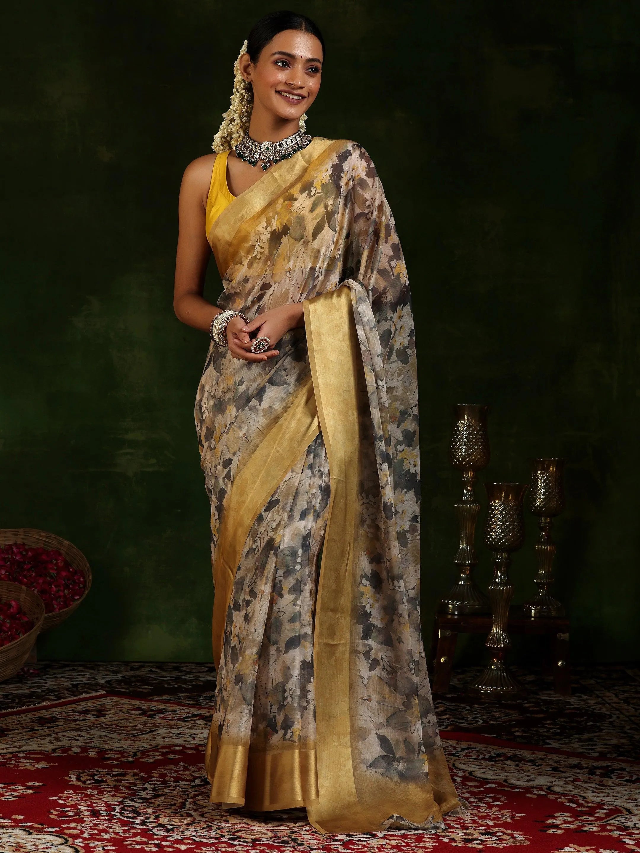 Beige Printed Poly Chiffon Saree With Unstitched Blouse Piece