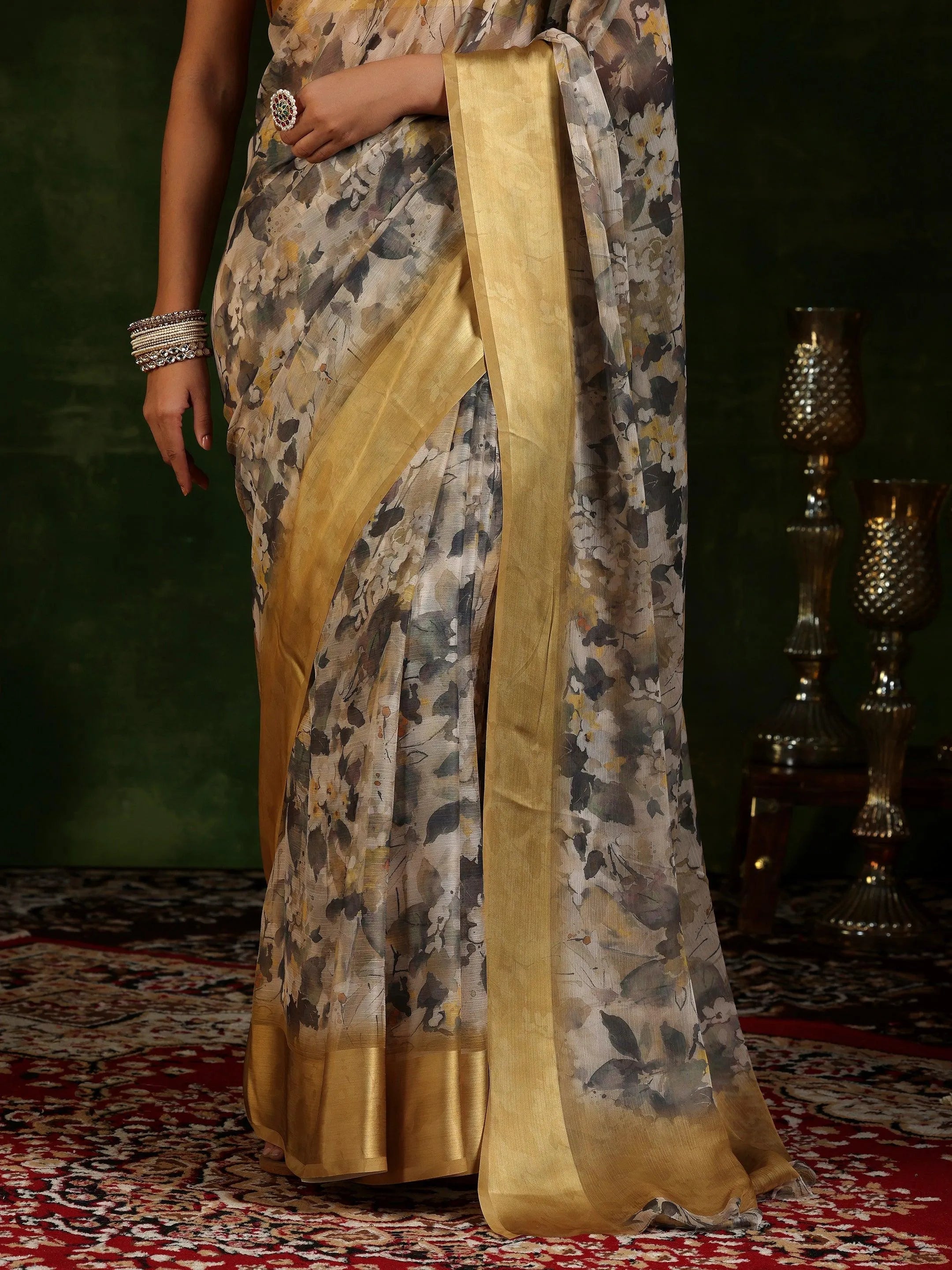 Beige Printed Poly Chiffon Saree With Unstitched Blouse Piece