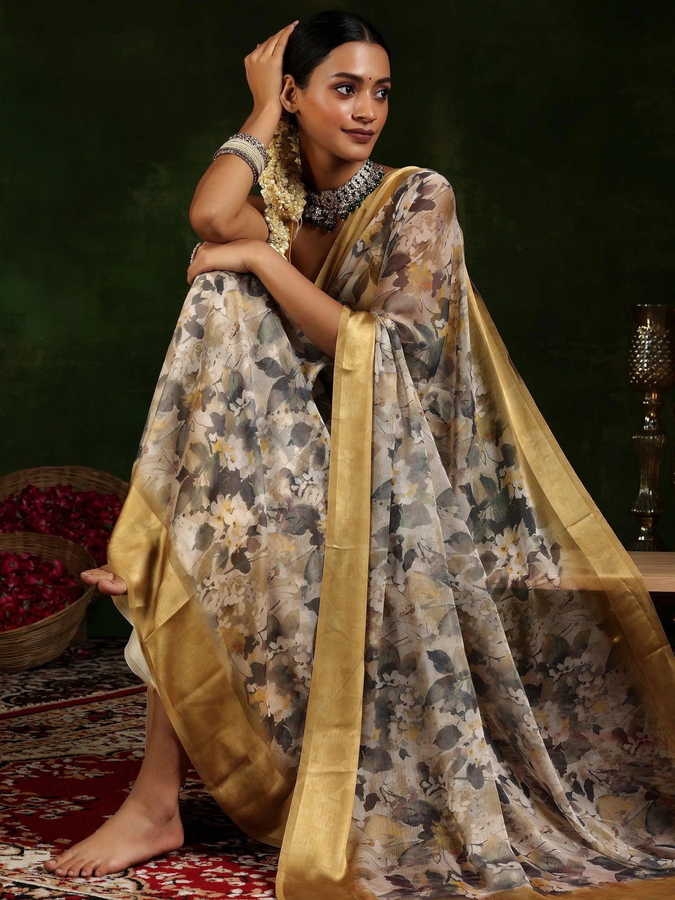 Beige Printed Poly Chiffon Saree With Unstitched Blouse Piece