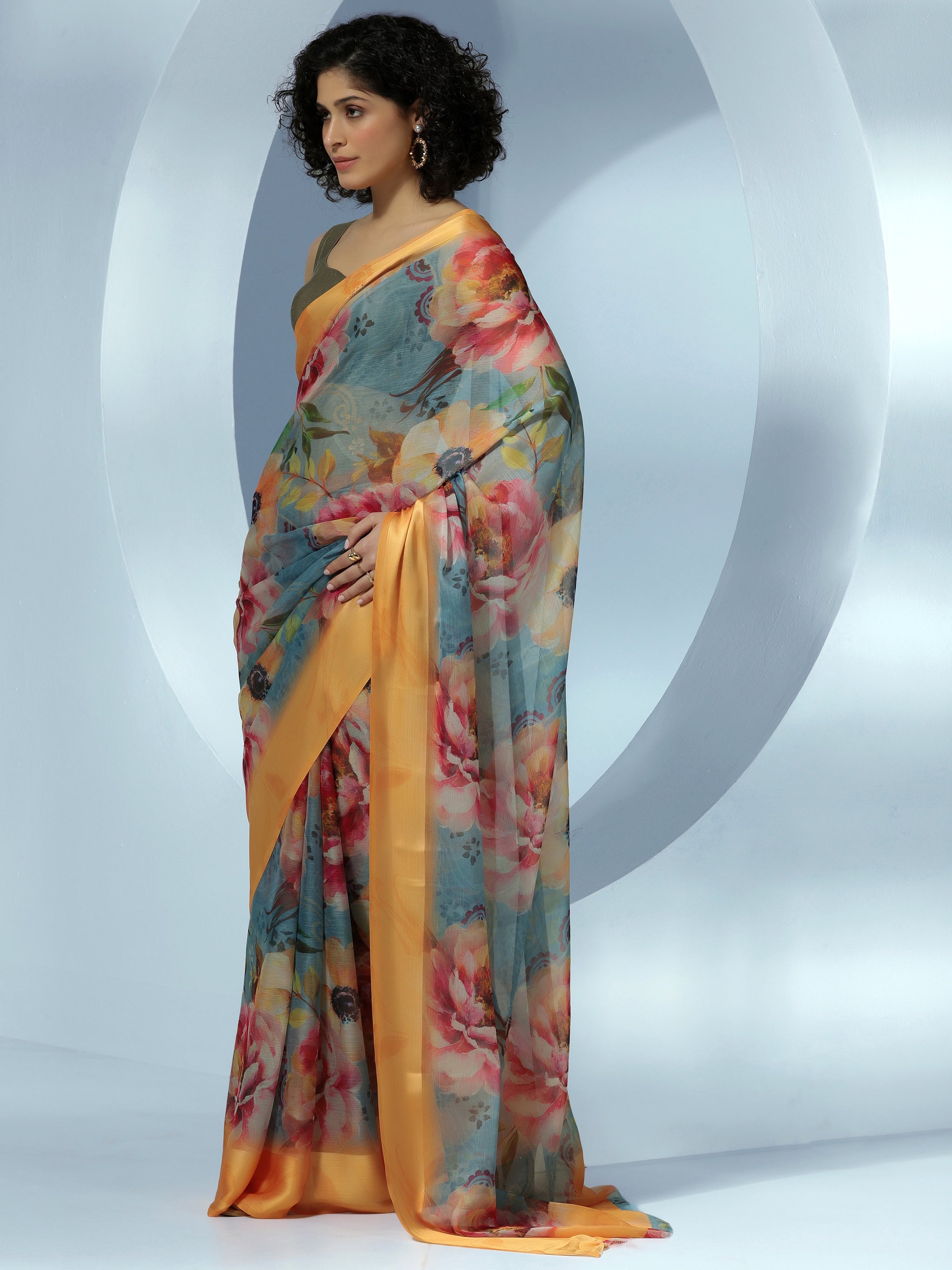 Blue Printed Poly Chiffon Saree With Unstitched Blouse Piece