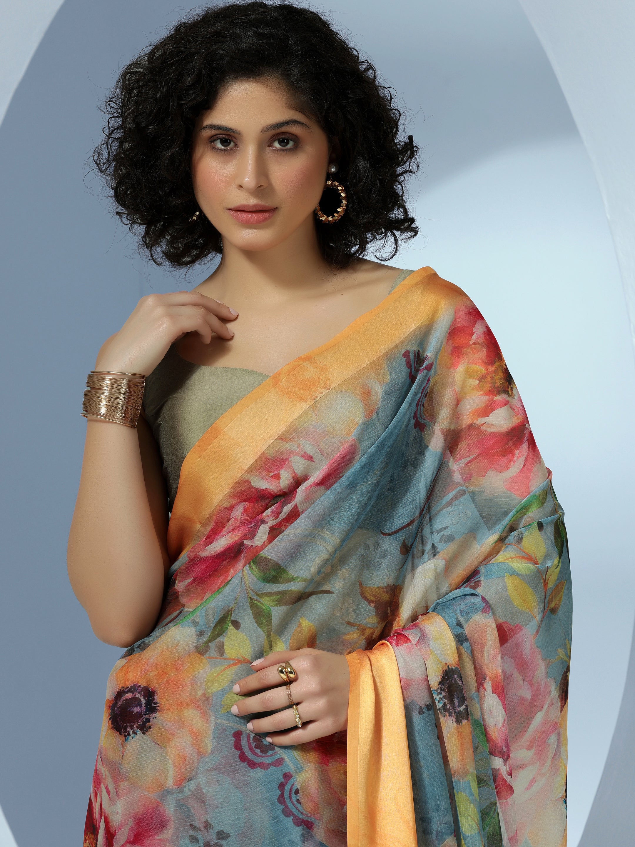 Blue Printed Poly Chiffon Saree With Unstitched Blouse Piece