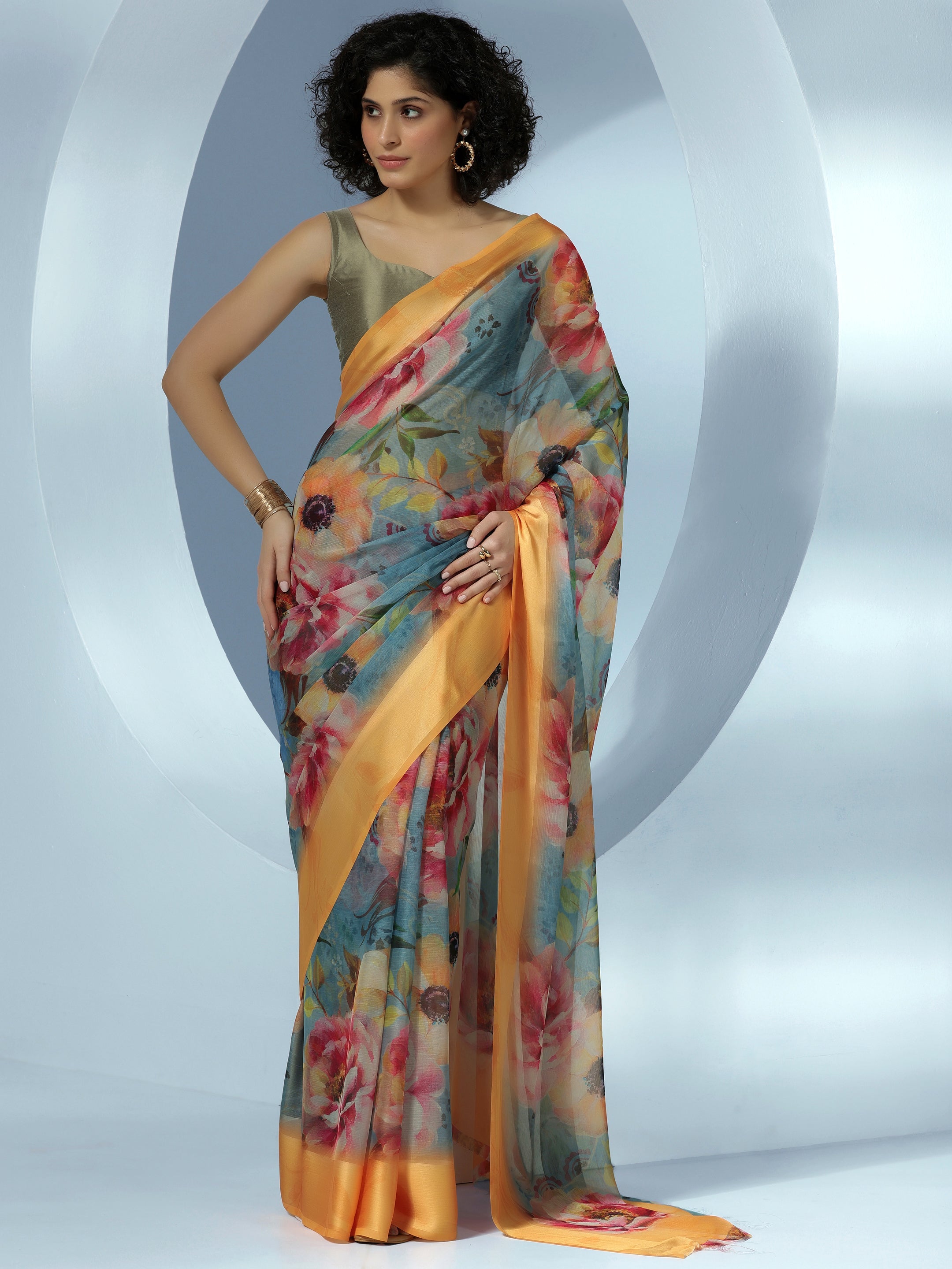 Blue Printed Poly Chiffon Saree With Unstitched Blouse Piece