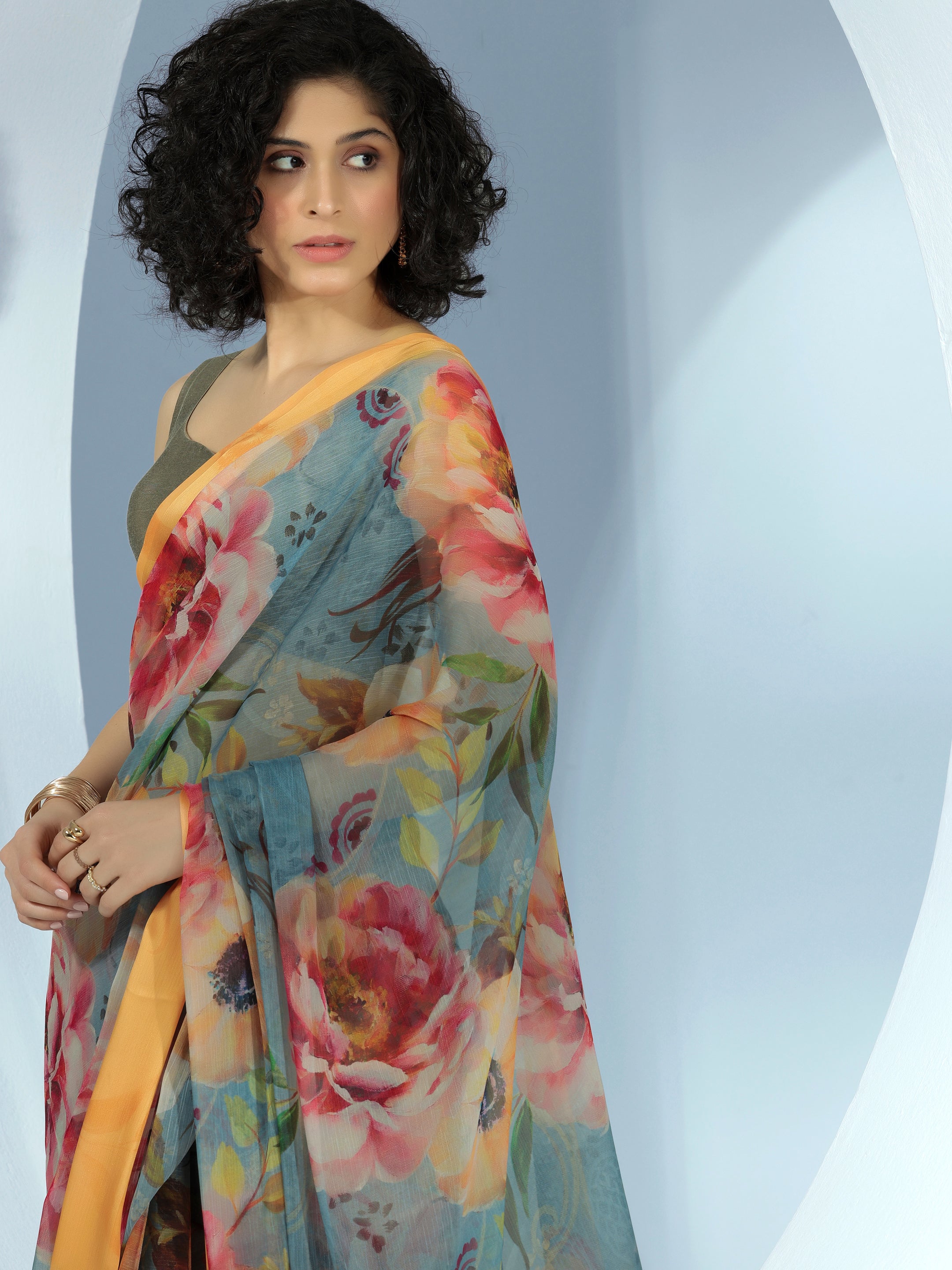 Blue Printed Poly Chiffon Saree With Unstitched Blouse Piece