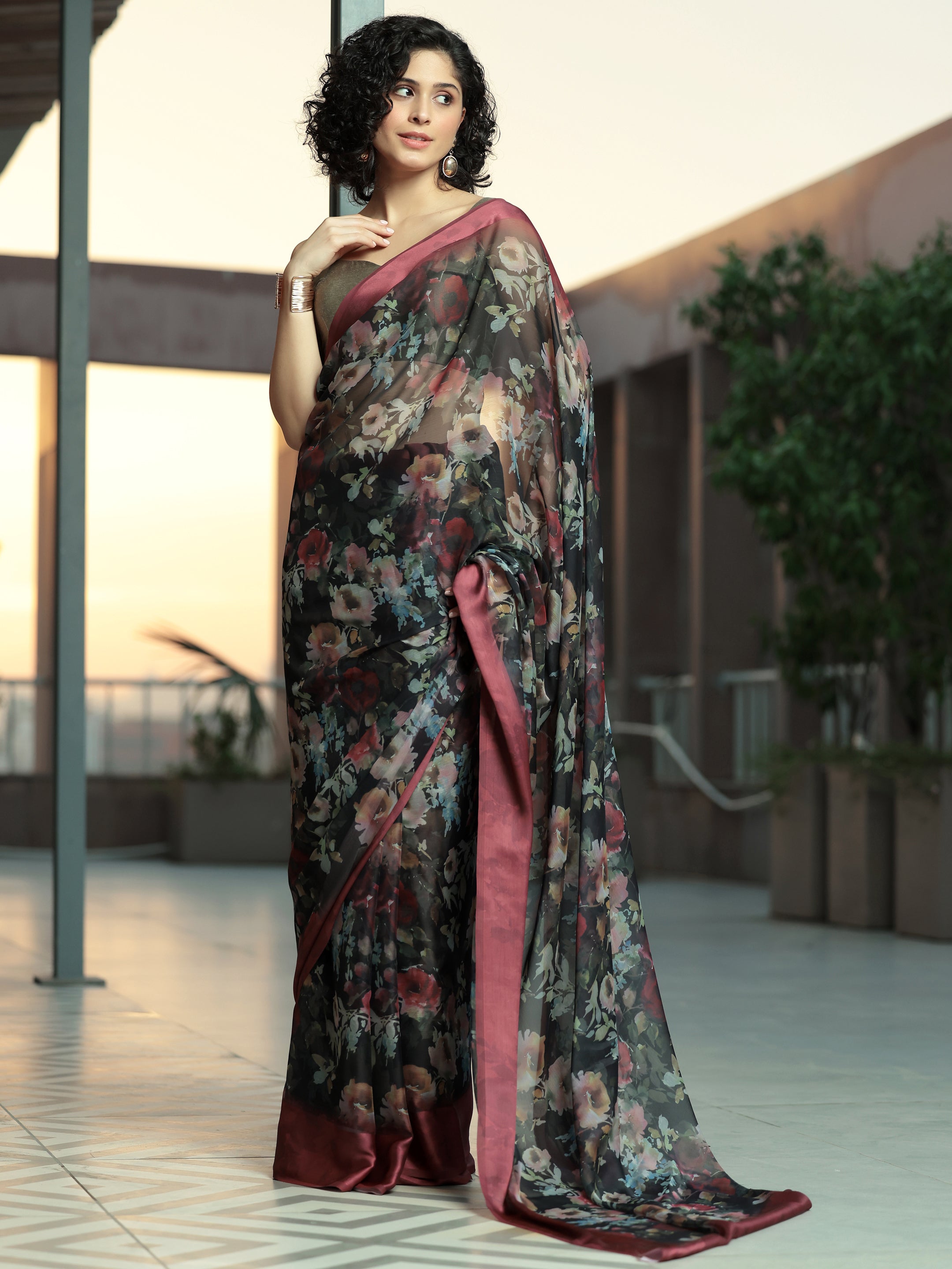 Black Printed Poly Chiffon Saree With Unstitched Blouse Piece