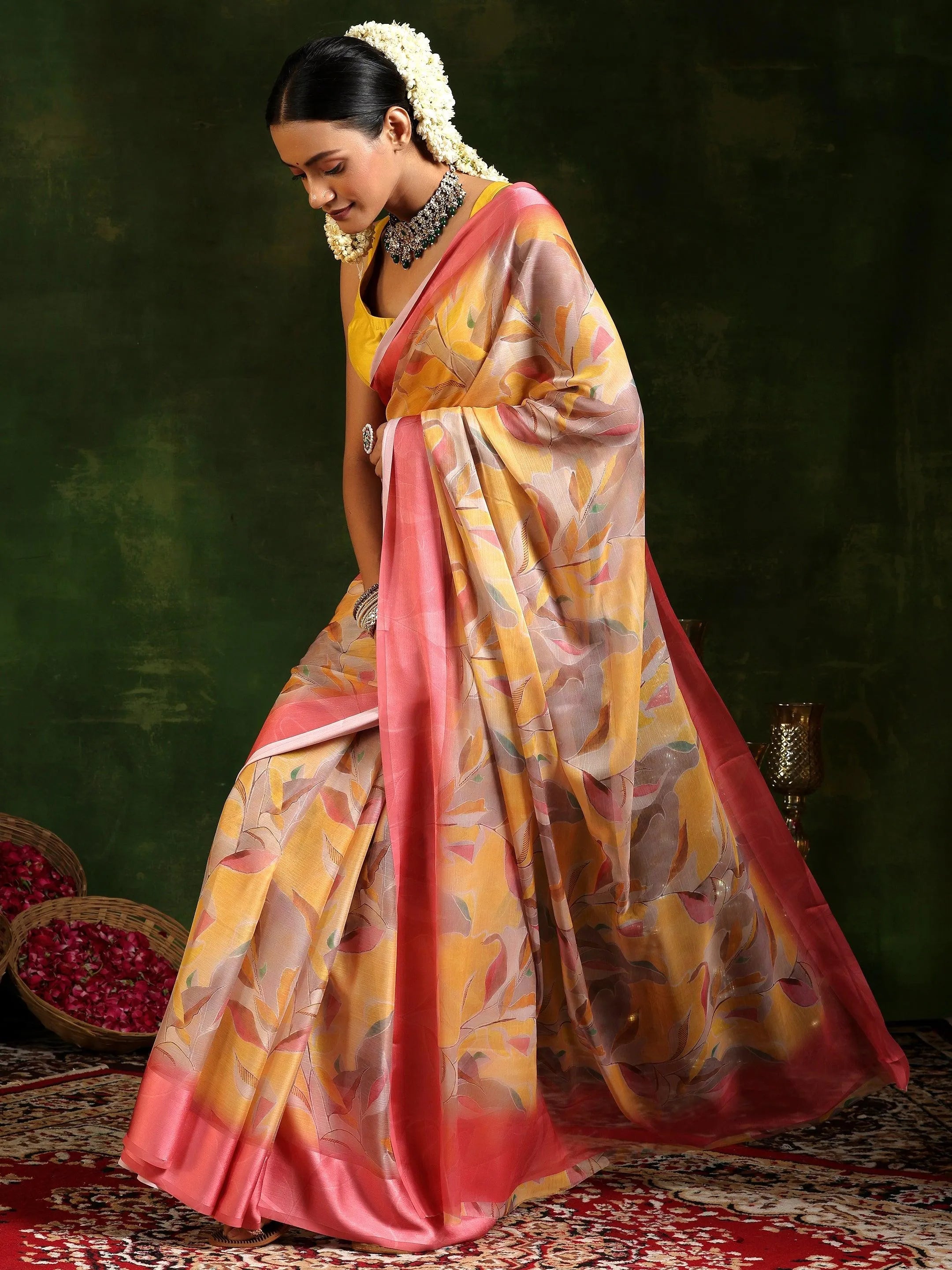 Mustard Printed Poly Chiffon Saree With Unstitched Blouse Piece