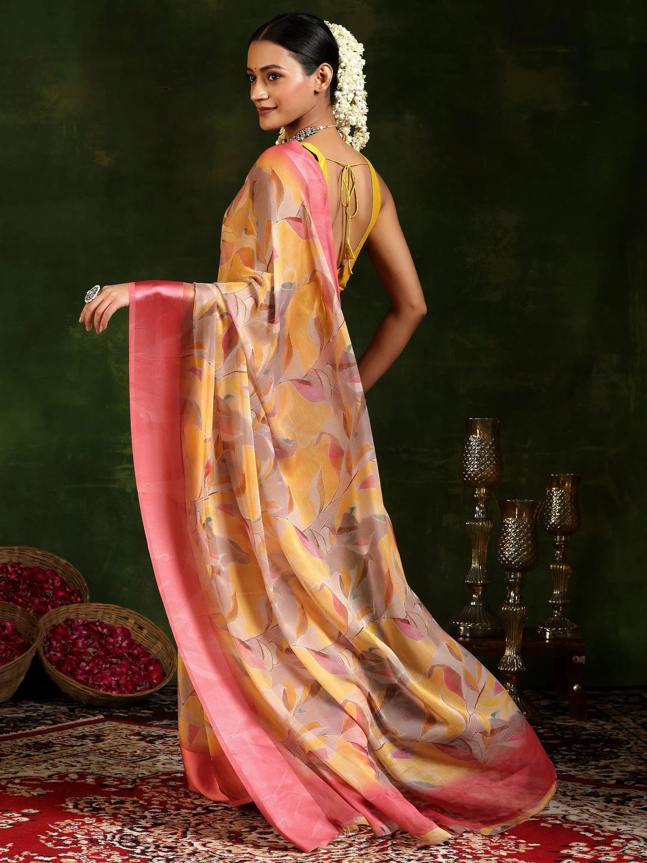 Mustard Printed Poly Chiffon Saree With Unstitched Blouse Piece