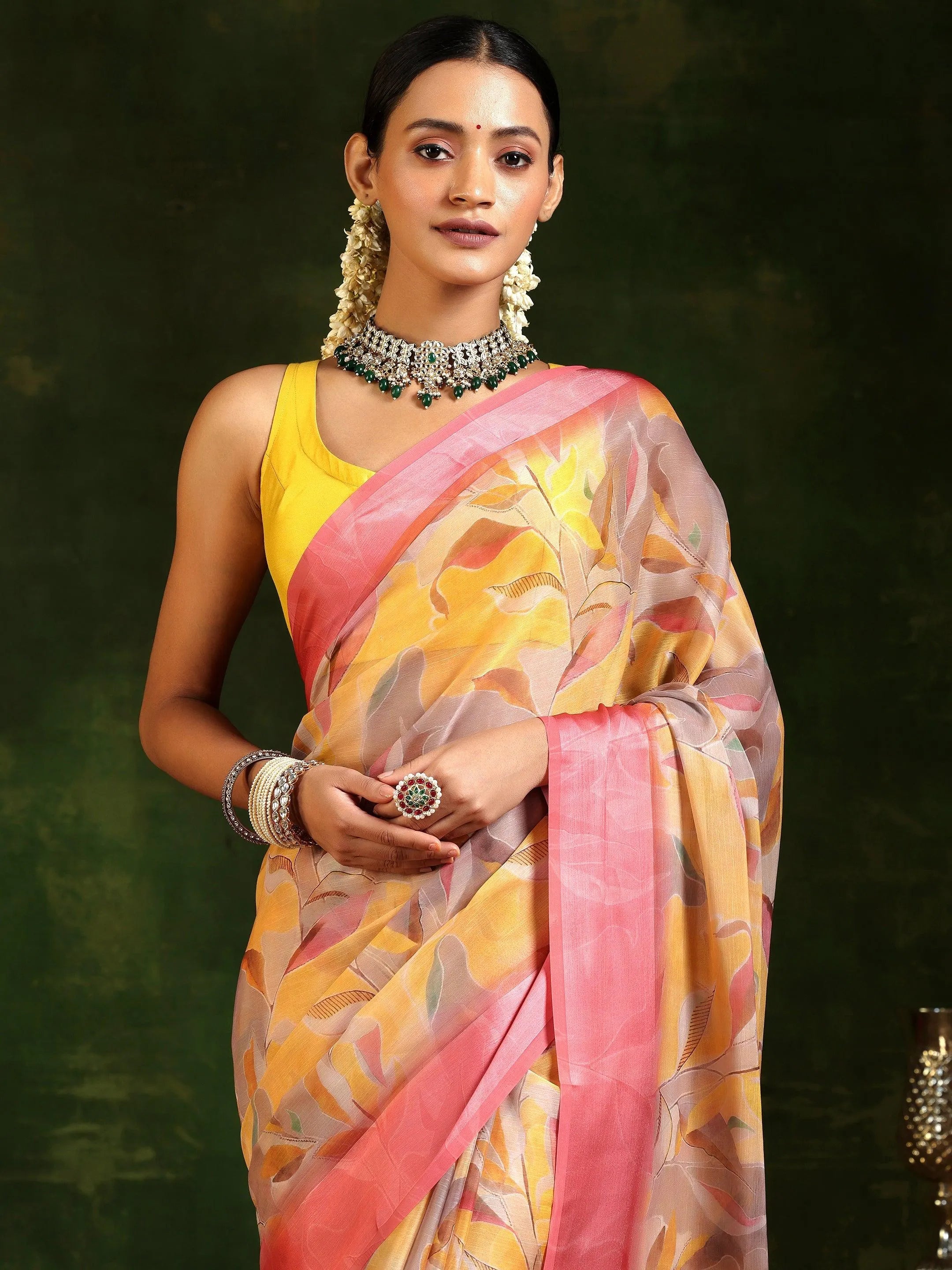 Mustard Printed Poly Chiffon Saree With Unstitched Blouse Piece