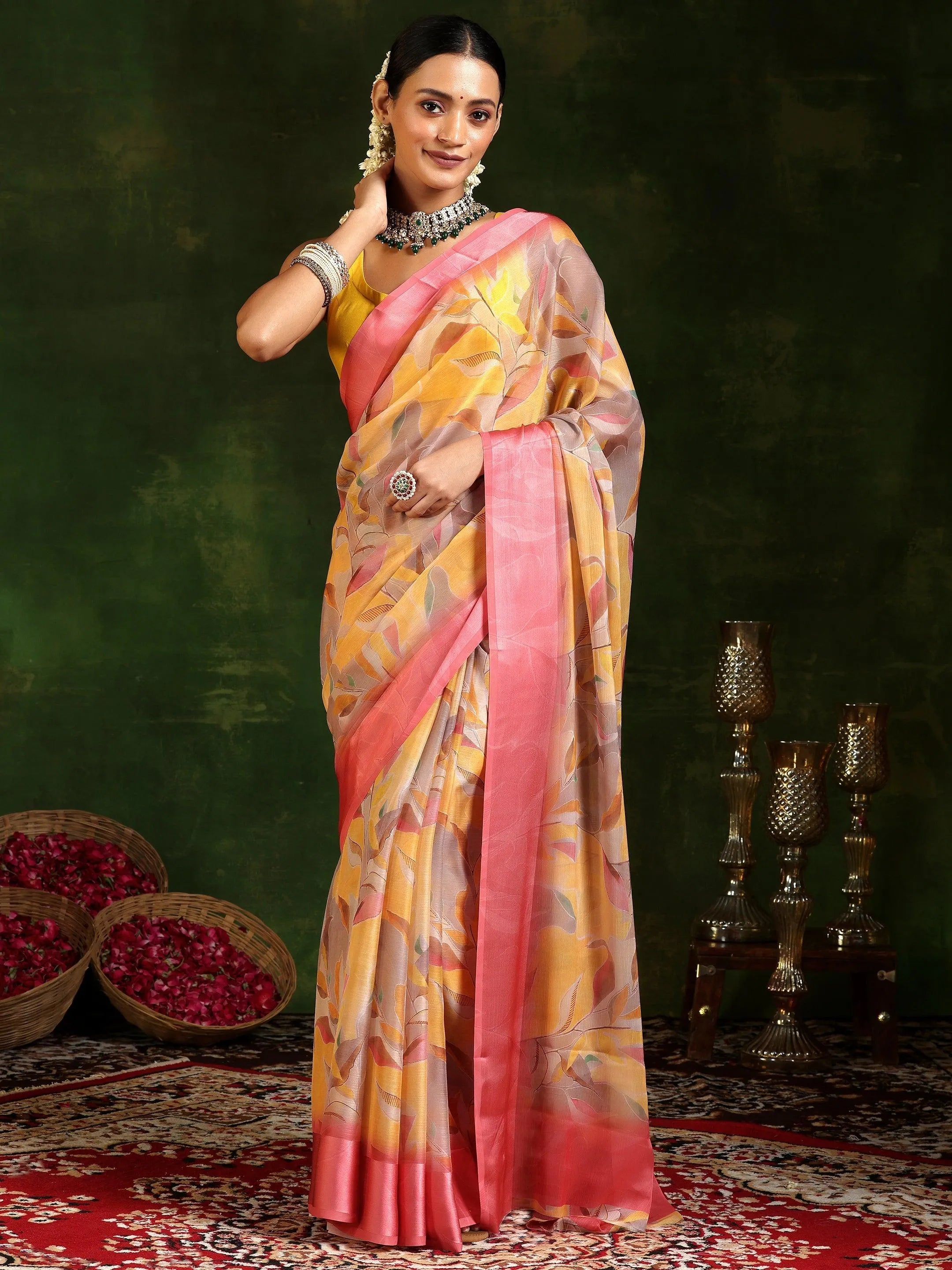 Mustard Printed Poly Chiffon Saree With Unstitched Blouse Piece