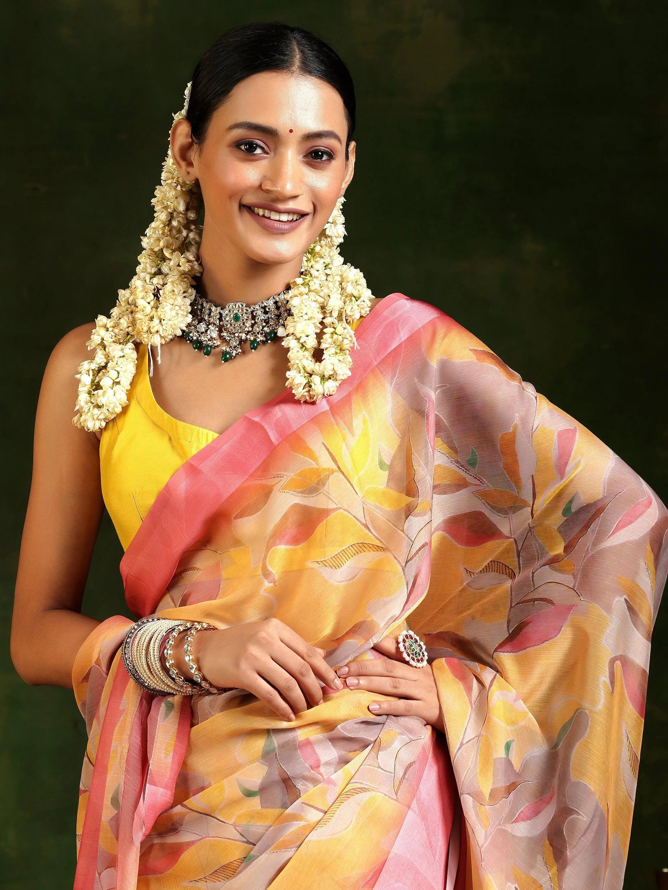 Mustard Printed Poly Chiffon Saree With Unstitched Blouse Piece