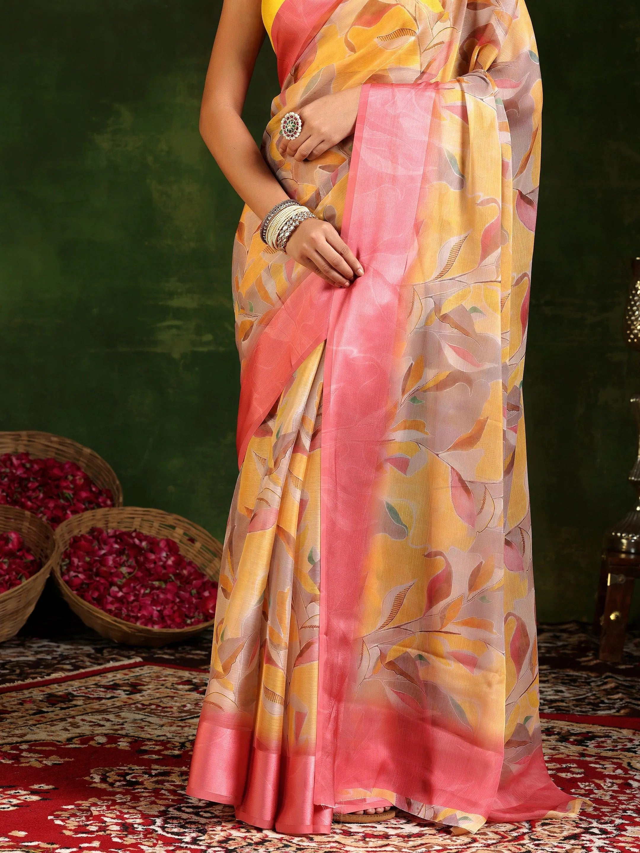 Mustard Printed Poly Chiffon Saree With Unstitched Blouse Piece