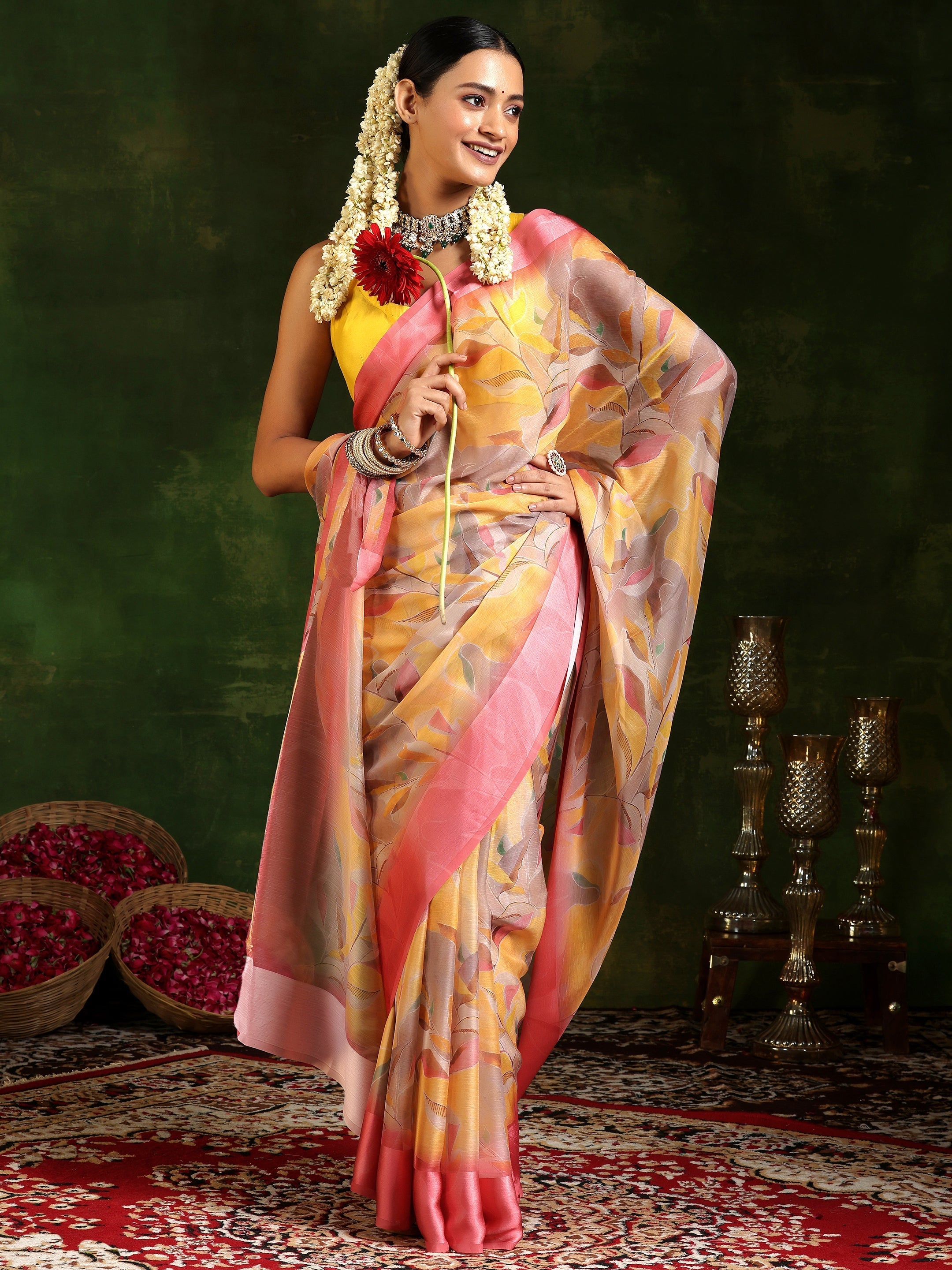 Mustard Printed Poly Chiffon Saree With Unstitched Blouse Piece