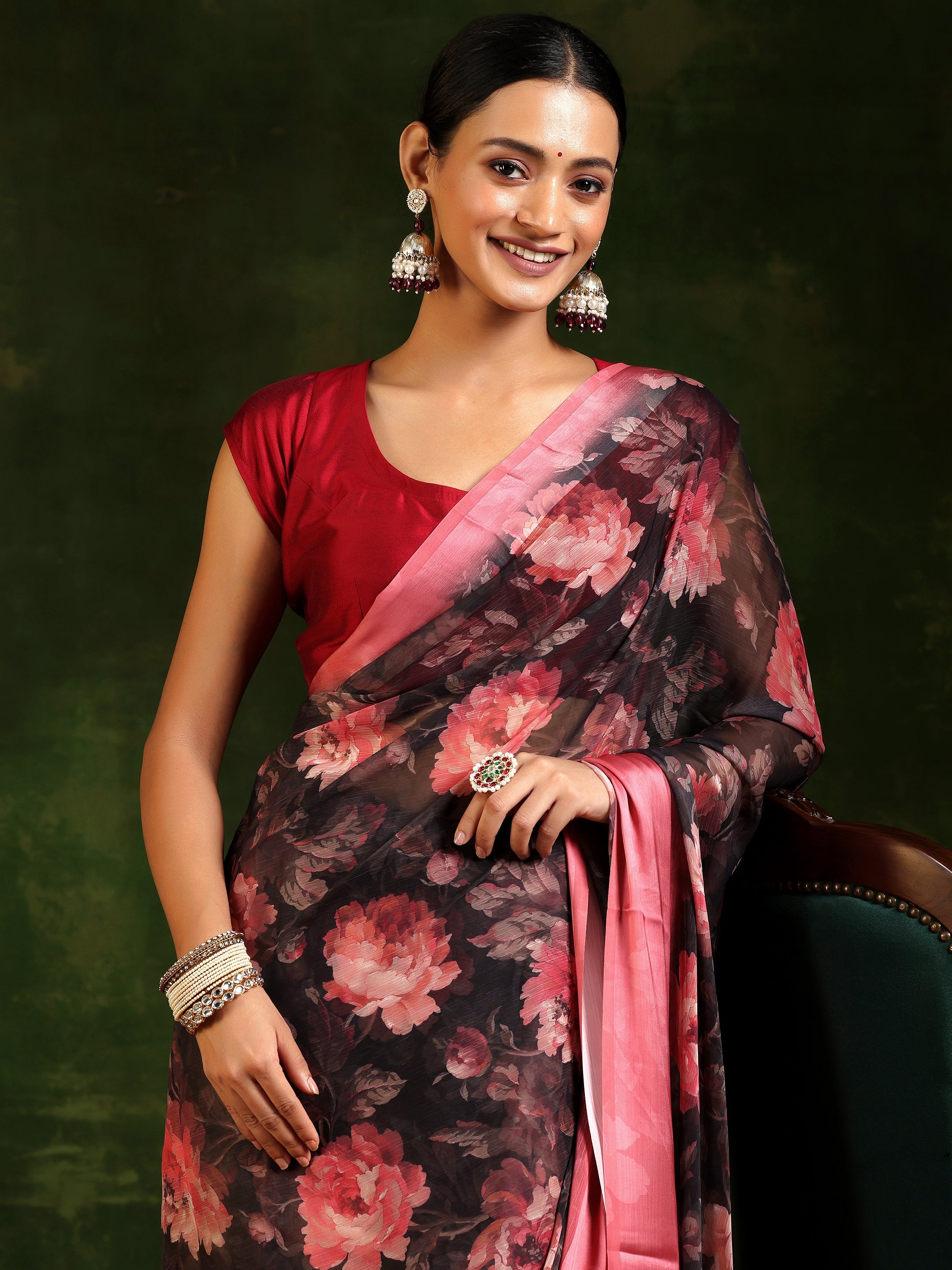 Black Printed Poly Chiffon Saree With Unstitched Blouse Piece