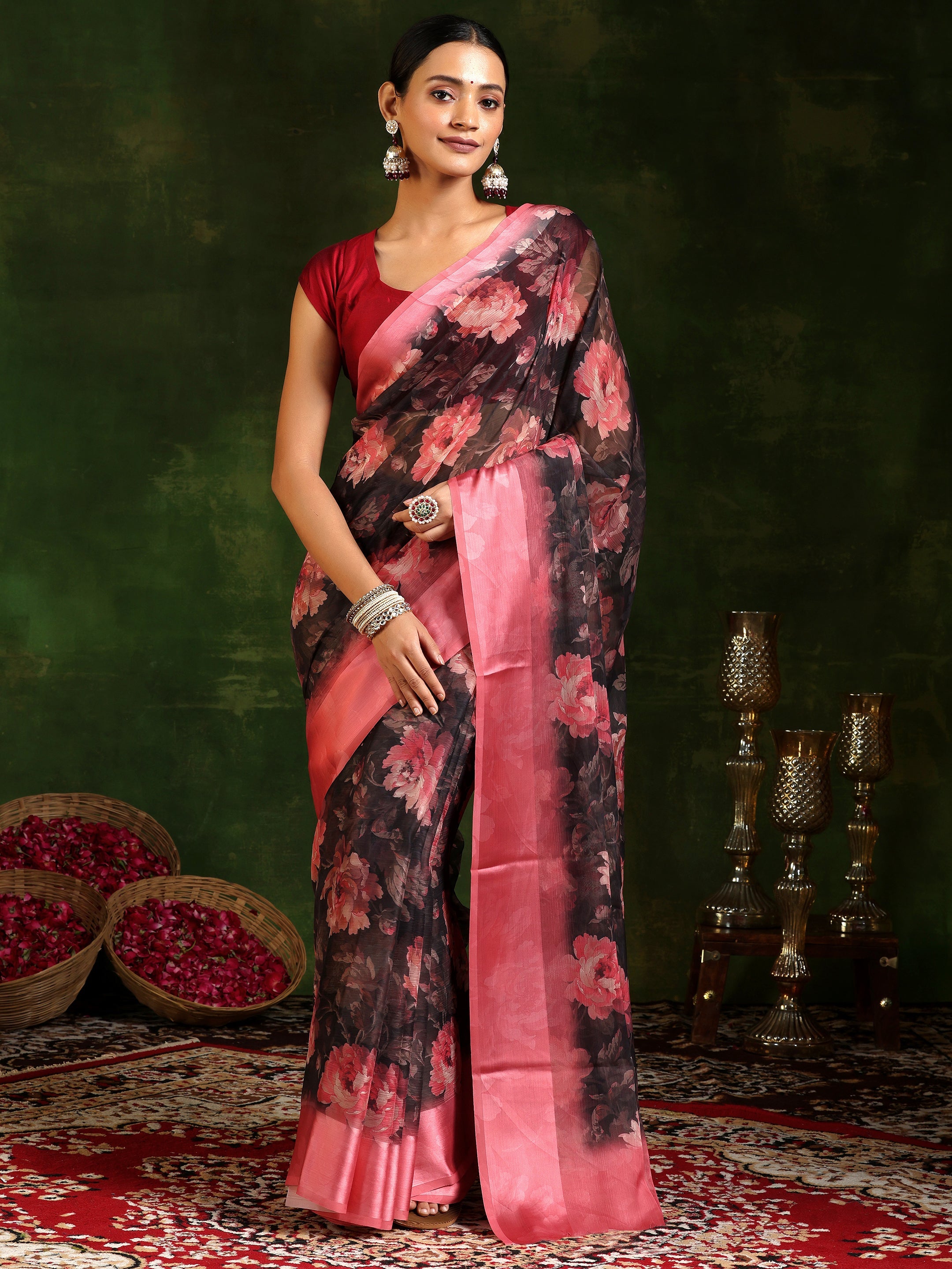 Black Printed Poly Chiffon Saree With Unstitched Blouse Piece