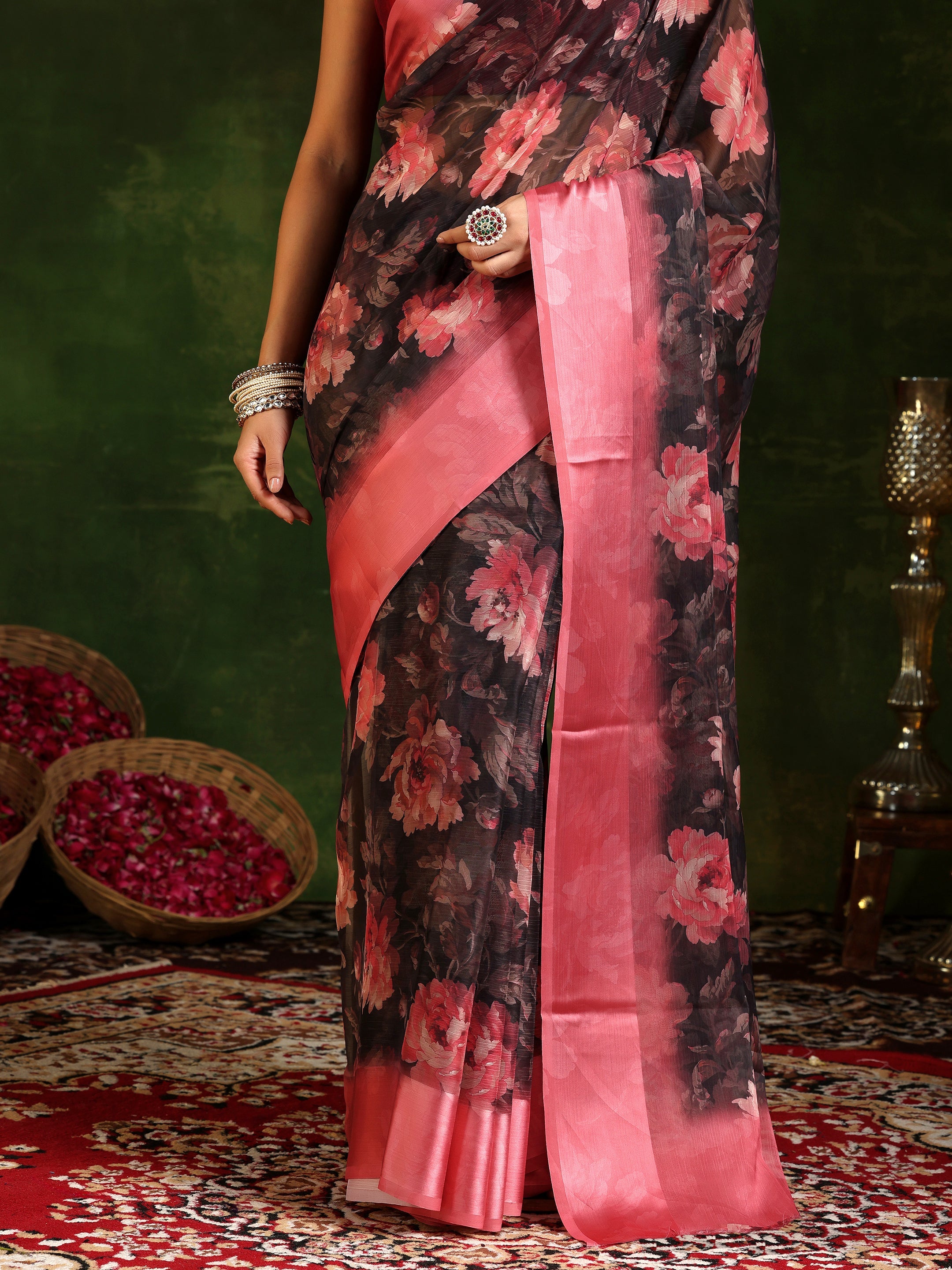 Black Printed Poly Chiffon Saree With Unstitched Blouse Piece