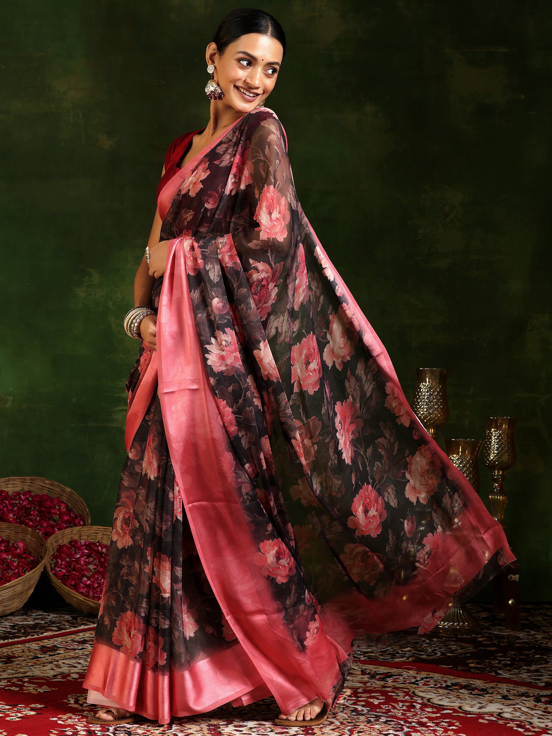 Black Printed Poly Chiffon Saree With Unstitched Blouse Piece