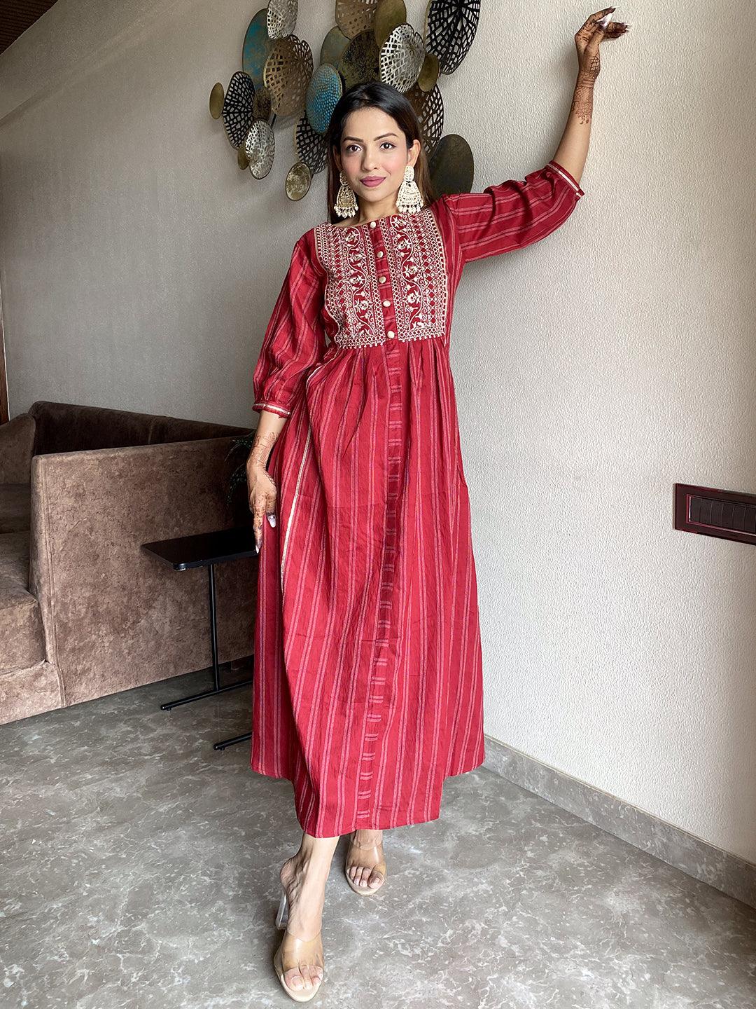 Maroon Embroidered Cotton Dress