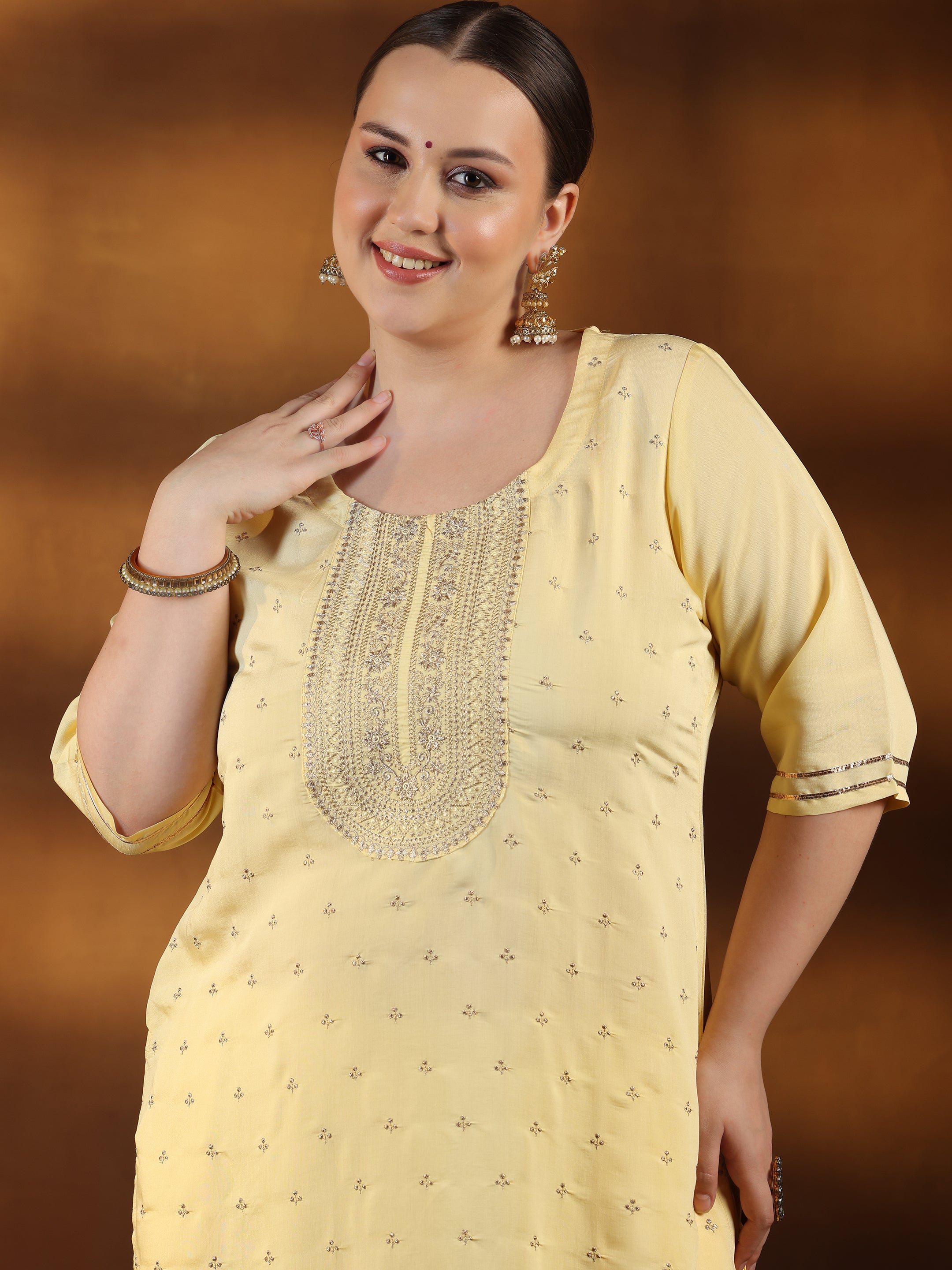 Plus Size Yellow Embroidered Silk Blend Straight Suit With Dupatta