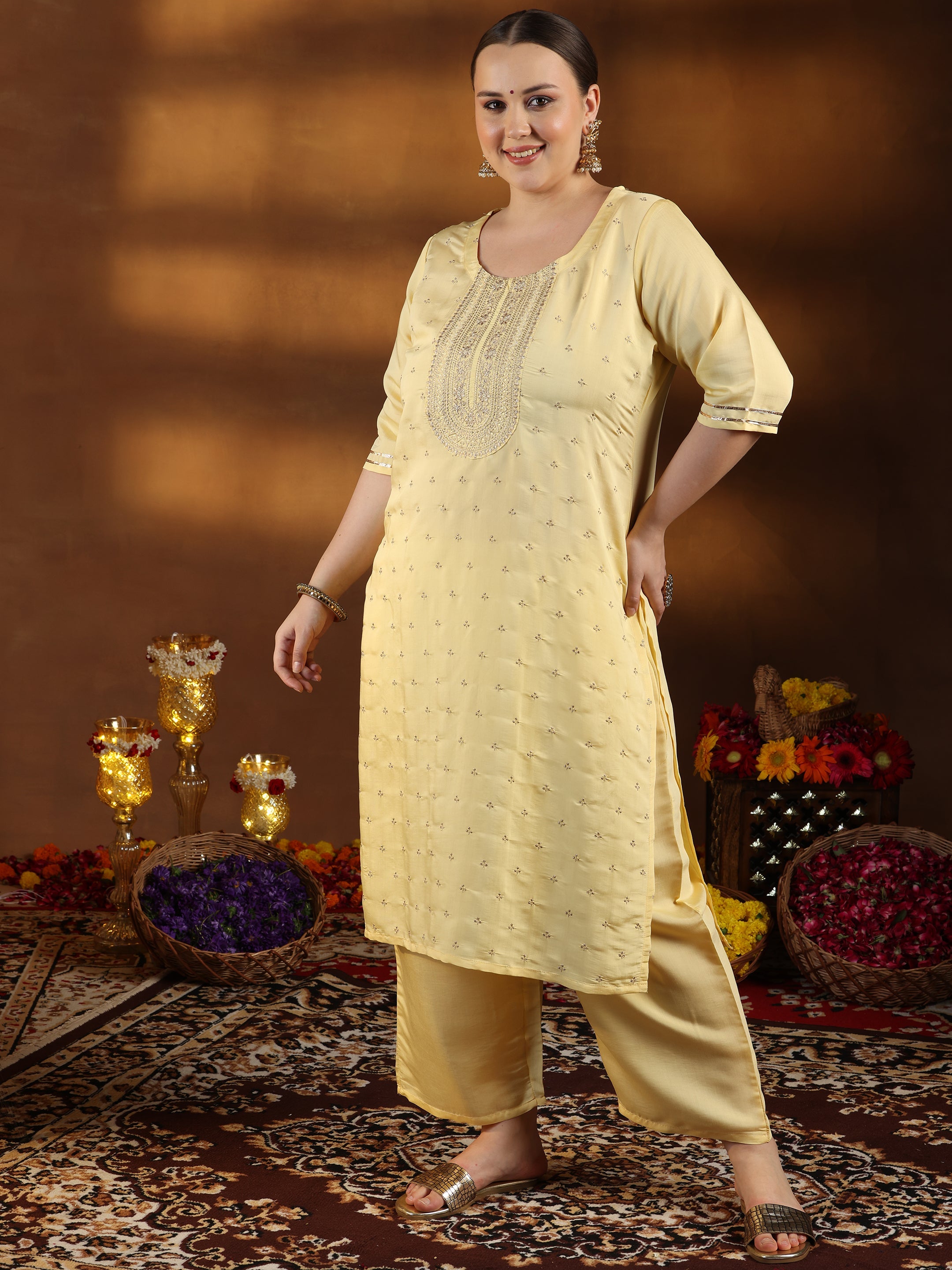 Plus Size Yellow Embroidered Silk Blend Straight Suit With Dupatta