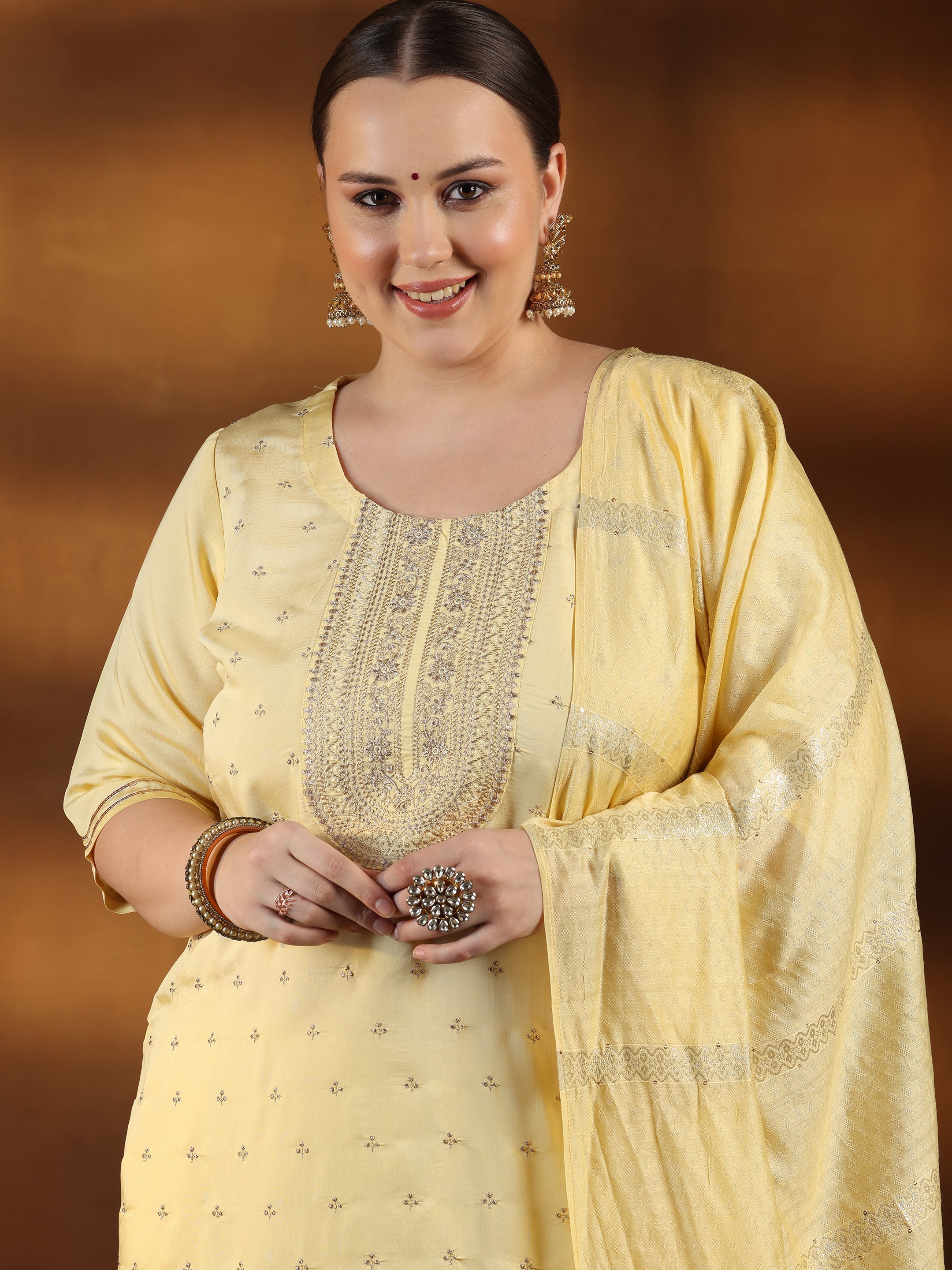 Plus Size Yellow Embroidered Silk Blend Straight Suit With Dupatta