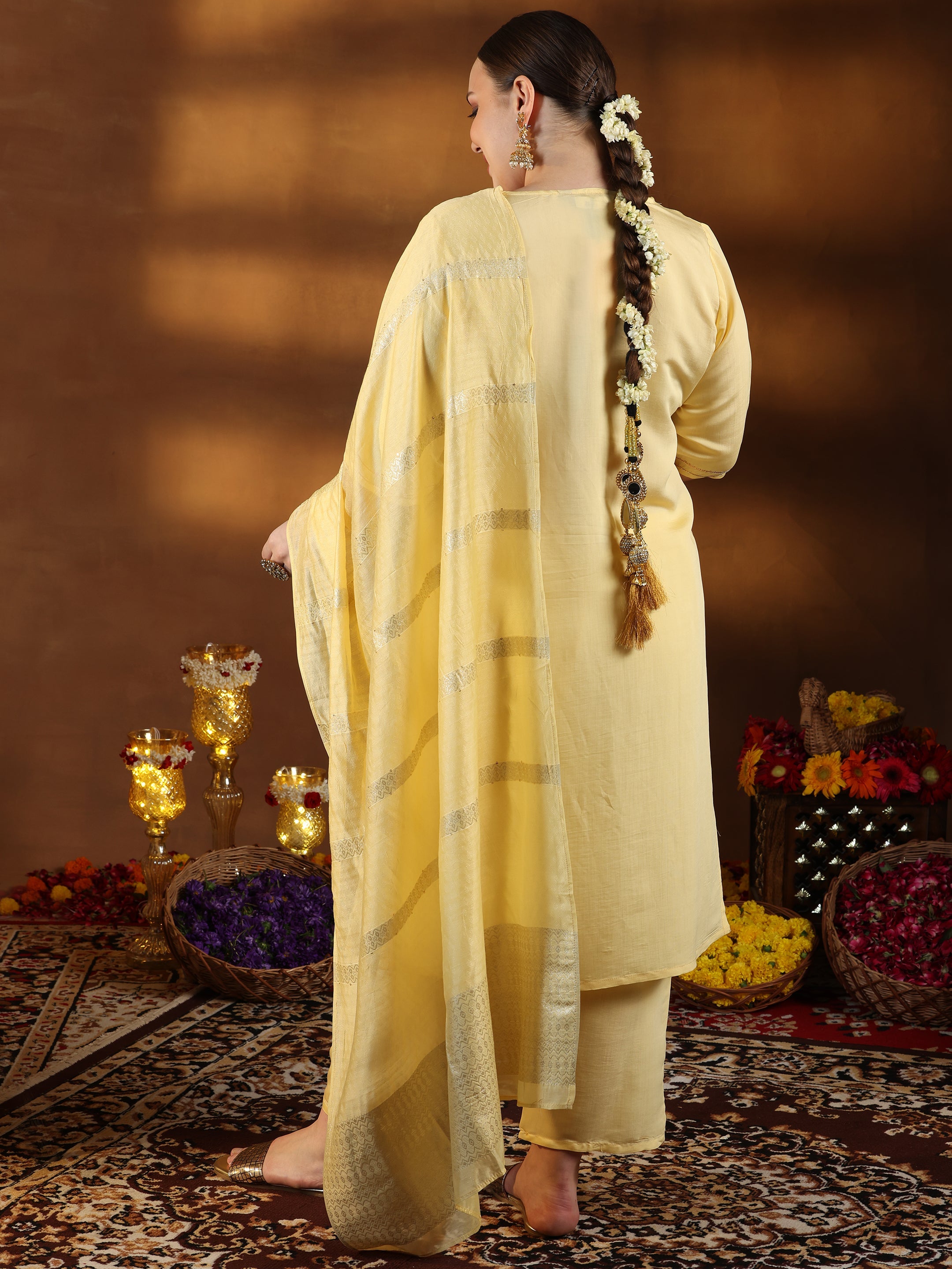 Plus Size Yellow Embroidered Silk Blend Straight Suit With Dupatta