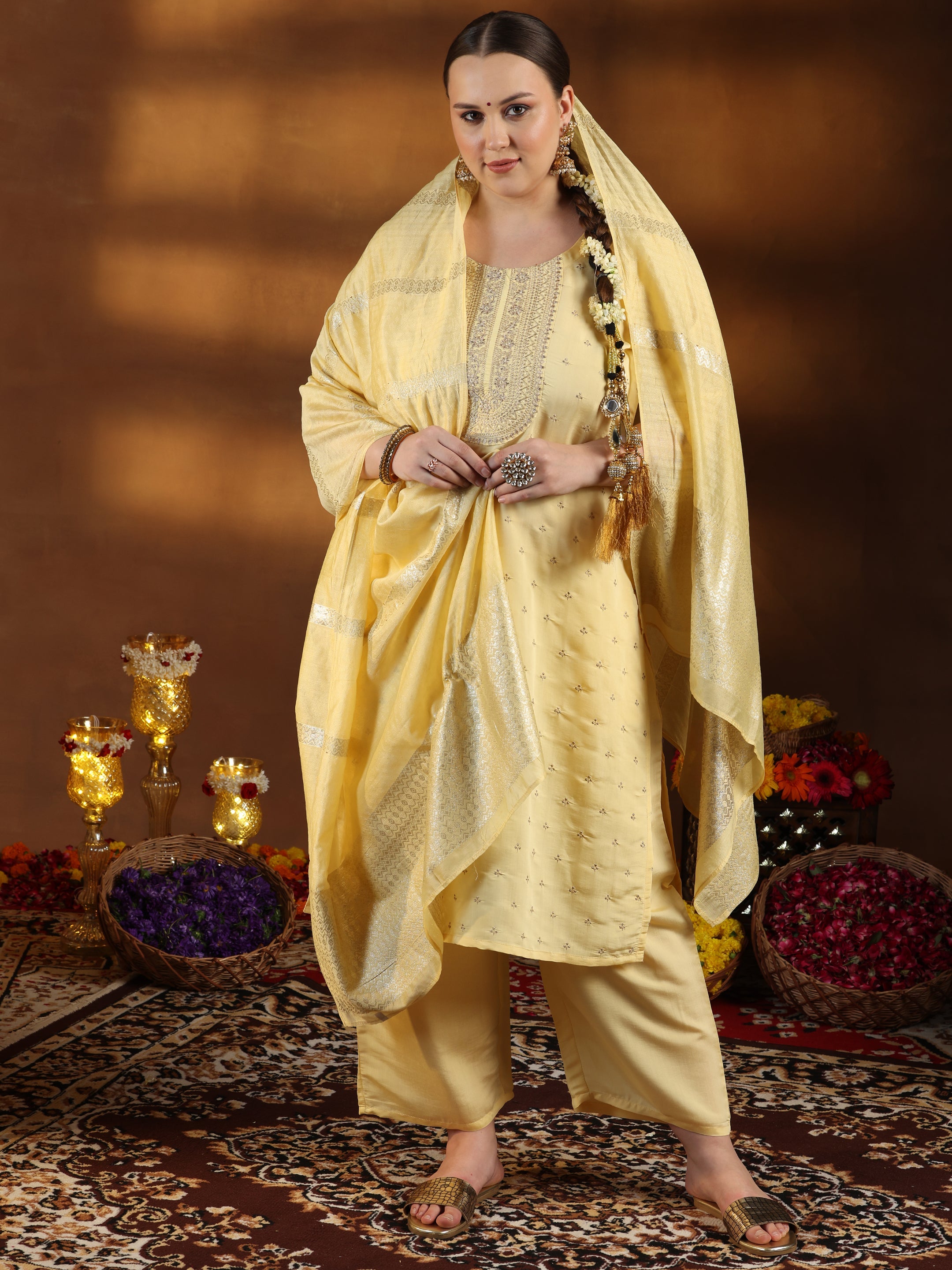 Plus Size Yellow Embroidered Silk Blend Straight Suit With Dupatta