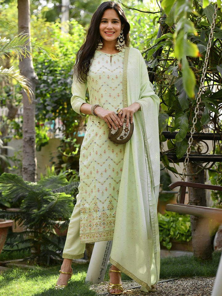 Green Woven Design Silk Suit Set - ShopLibas