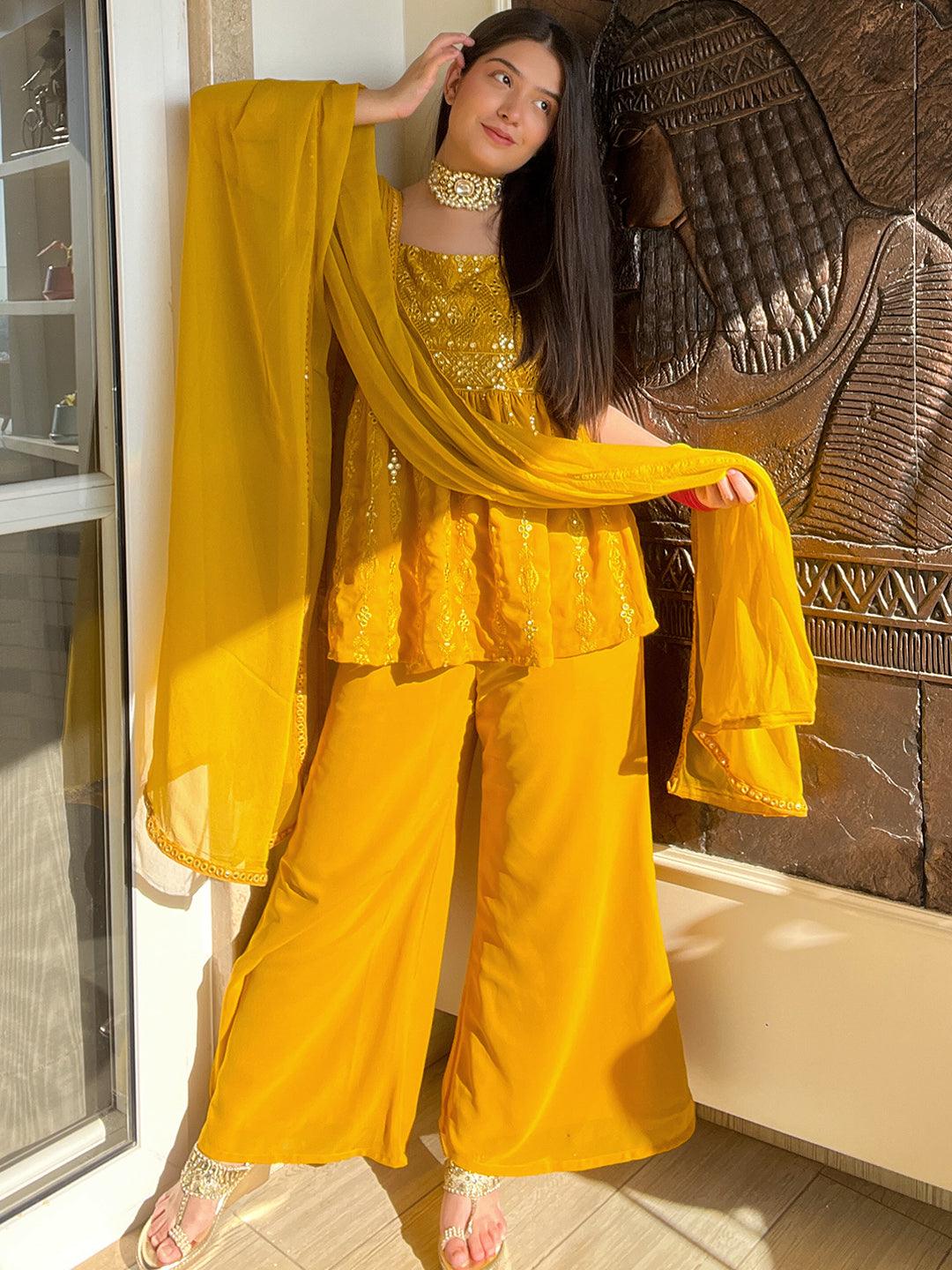 Mustard Embroidered Georgette Anarkali Kurta Set